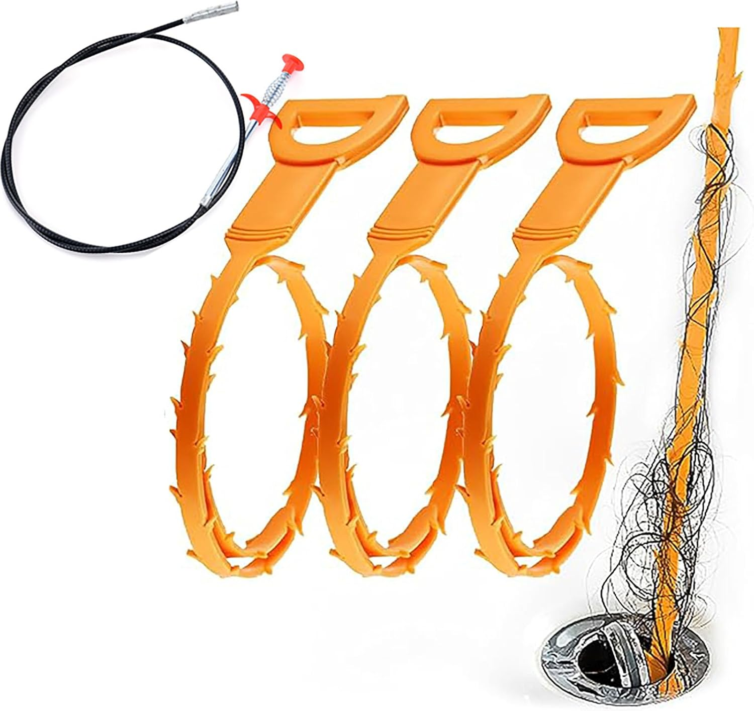 Professional Drain Clog Remover Kit (3+1) - 90CM Stainless Steel Claw & 3X51Cm Plastic Sink Uncloggers | Multi-Surface Hair Clog Tool for Bathroom, Kitchen, Tub & Toilet (Orange) image number 5