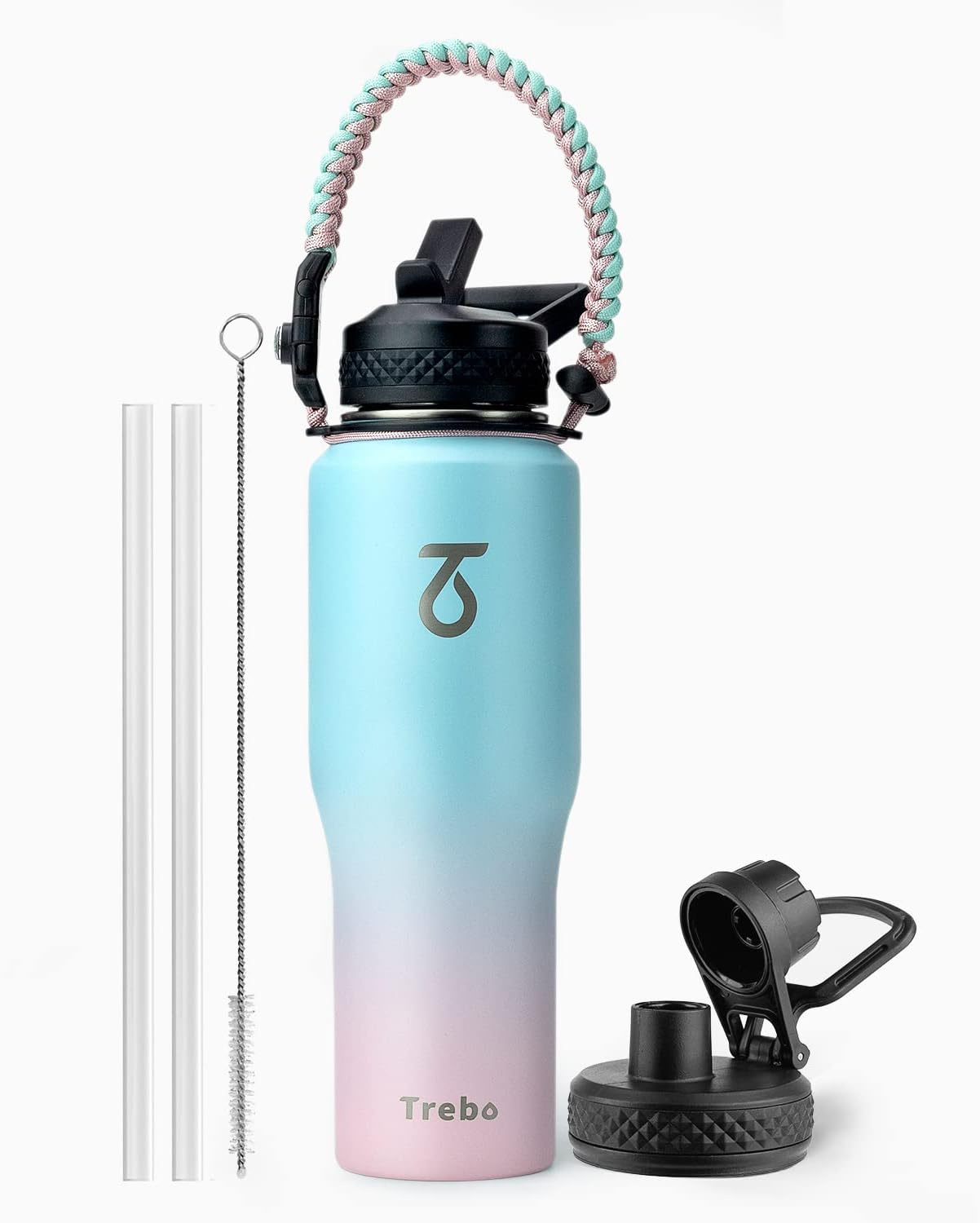 Trebo 32Oz Insulated Water Bottle That Fits in Cup Holder, Stainless Steel Double Wall Tumbler Flask Bottles with Paracord Handle, with Straw Spout Lids, Keep Cold for 48 Hrs/Hot 24 Hrs,Indigo/Black