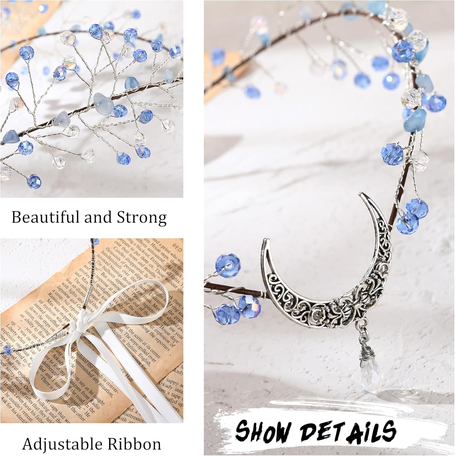 MOSTORY Fairy Crown Headband for Women, Moon Elf Crystal Crown Tiara for Renaissance Cosplay Photo Shoots image number 1