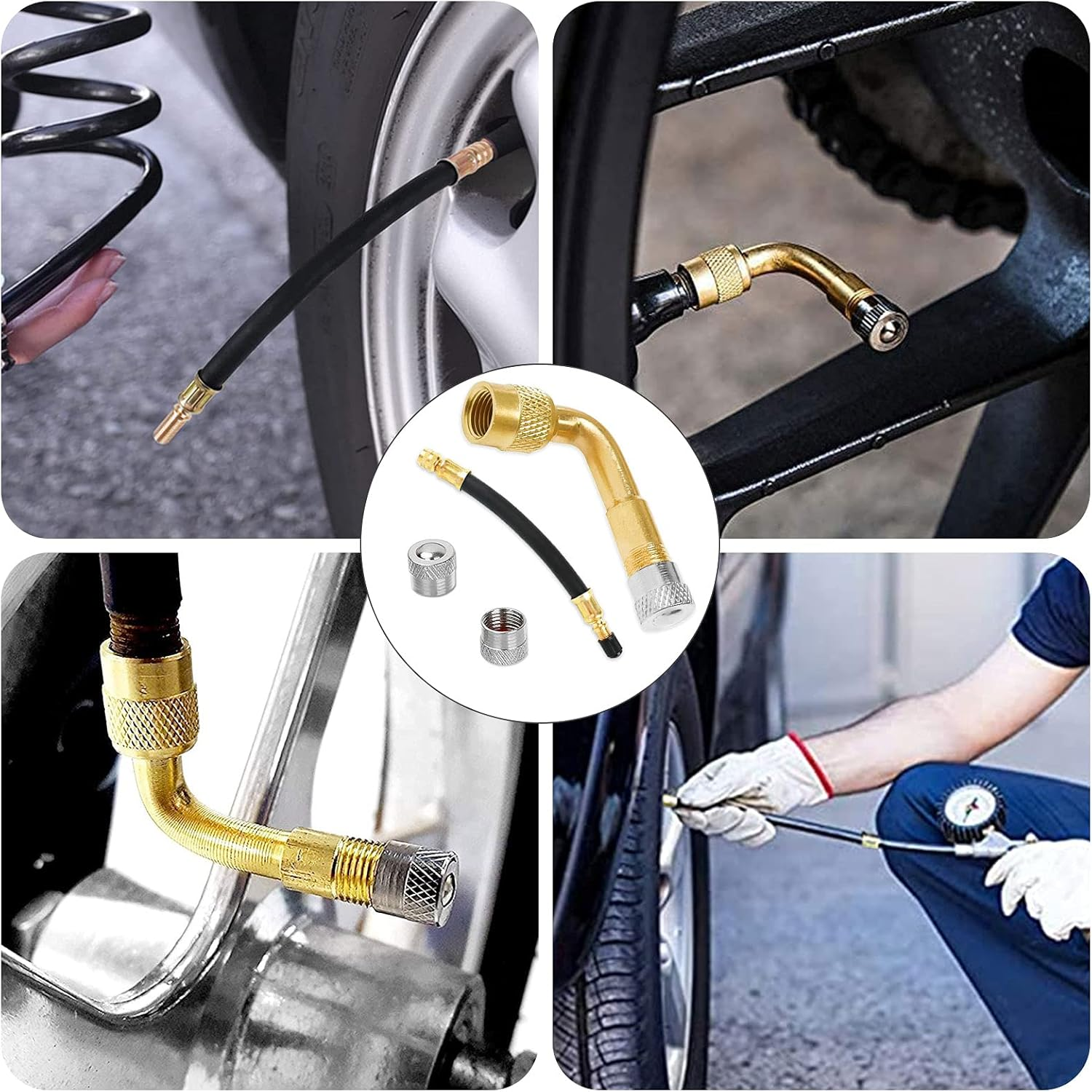 Tyre Valve Extension Adapter, 90 Degree Valve Extension and 180 Mm Flexible Rubber Tyre Valve Extension Copper Valve Adapter Angle Valve Extension for Car Motorcycle Bicycle Scooter image number 1