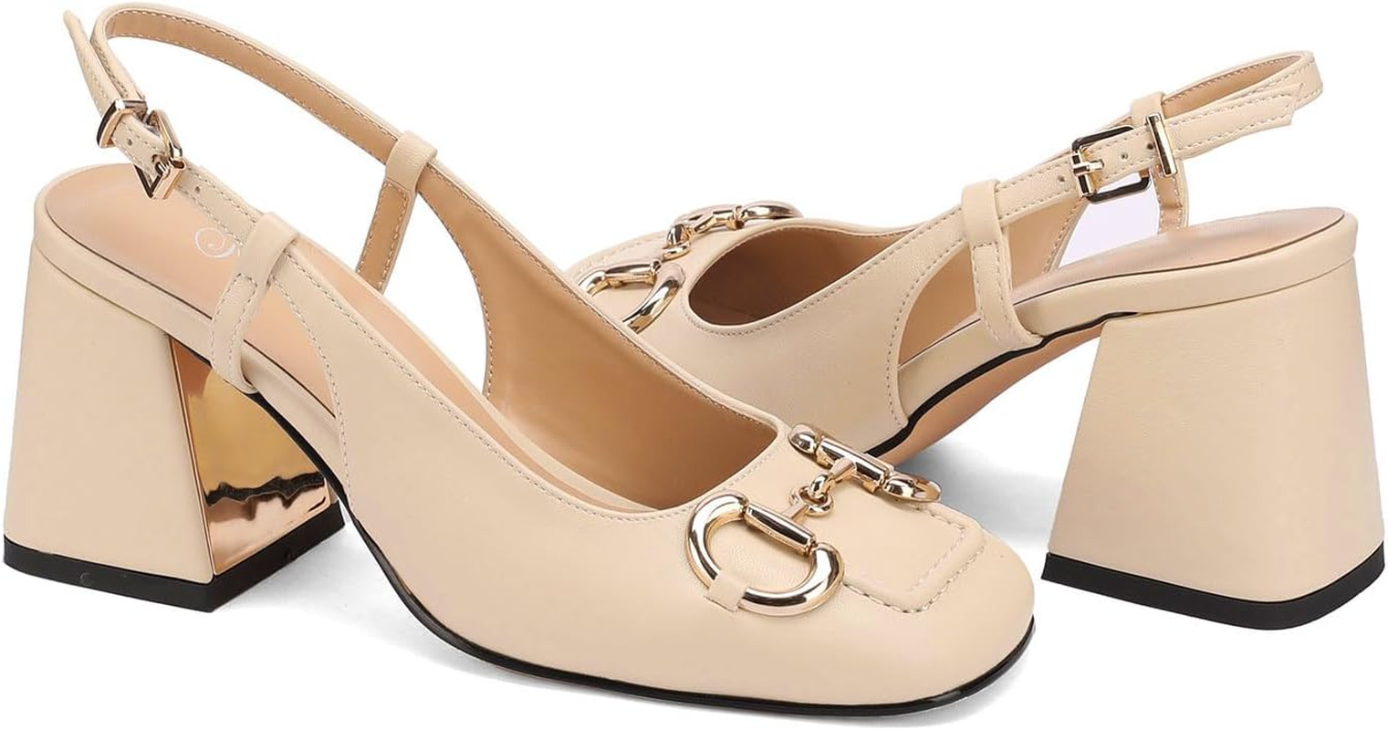Women'S Fashion Square Closed Toe Slingback Pumps with Buckle Chic Gold Buckle Block Heel Slingback Shoes Work Date Dressy High Heel Slingbacks for Women image number 2