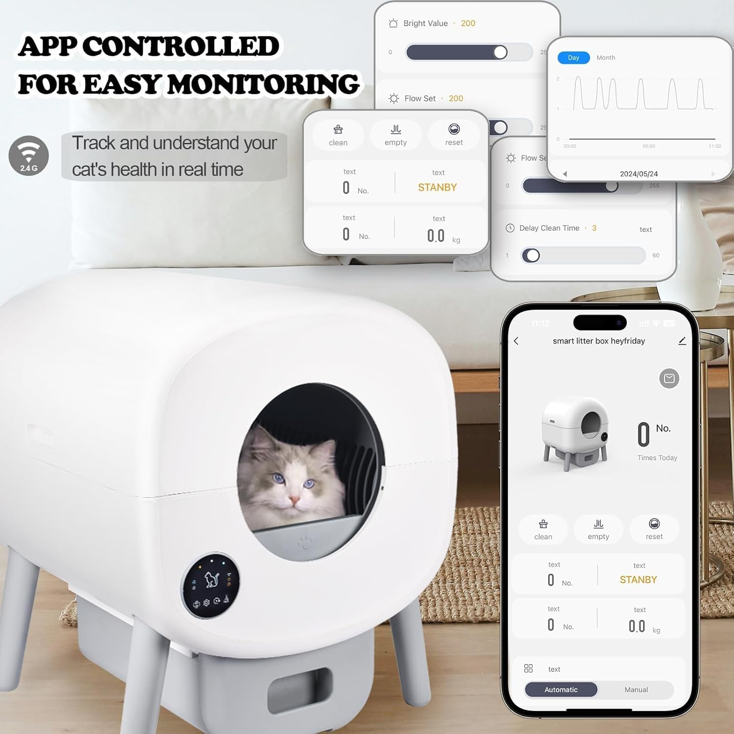 Self Cleaning Cat Litter Box with Mat & Baffle Plate, 76L+13L Large Capacity, Smart Automatic Cat Litter Box for Multiple Cats, APP Control/Low Noise/Safety Protection/Led Touch Display image number 3