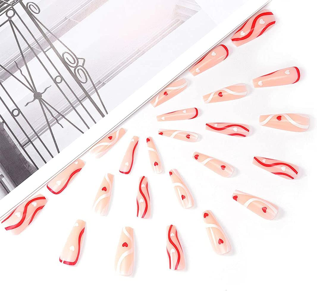 Glossy Pink Ballerina False Nails Long Coffin Press on Nails Full Cover Artificial Nails with Swirl Heart Design for Women and Daily Decoration 24PCS