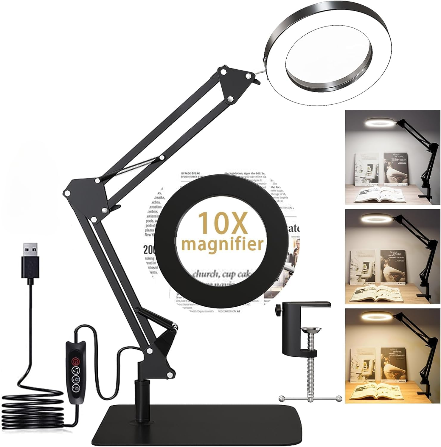 10X Magnifying Glass with Light and Stand, Magnifying Led Desk Lamp, Adjustable Color and Brightness Reading Light Ring Light for Repair, Crafts, Soldering (Black, Rectangle Base & Clamp) image number 5