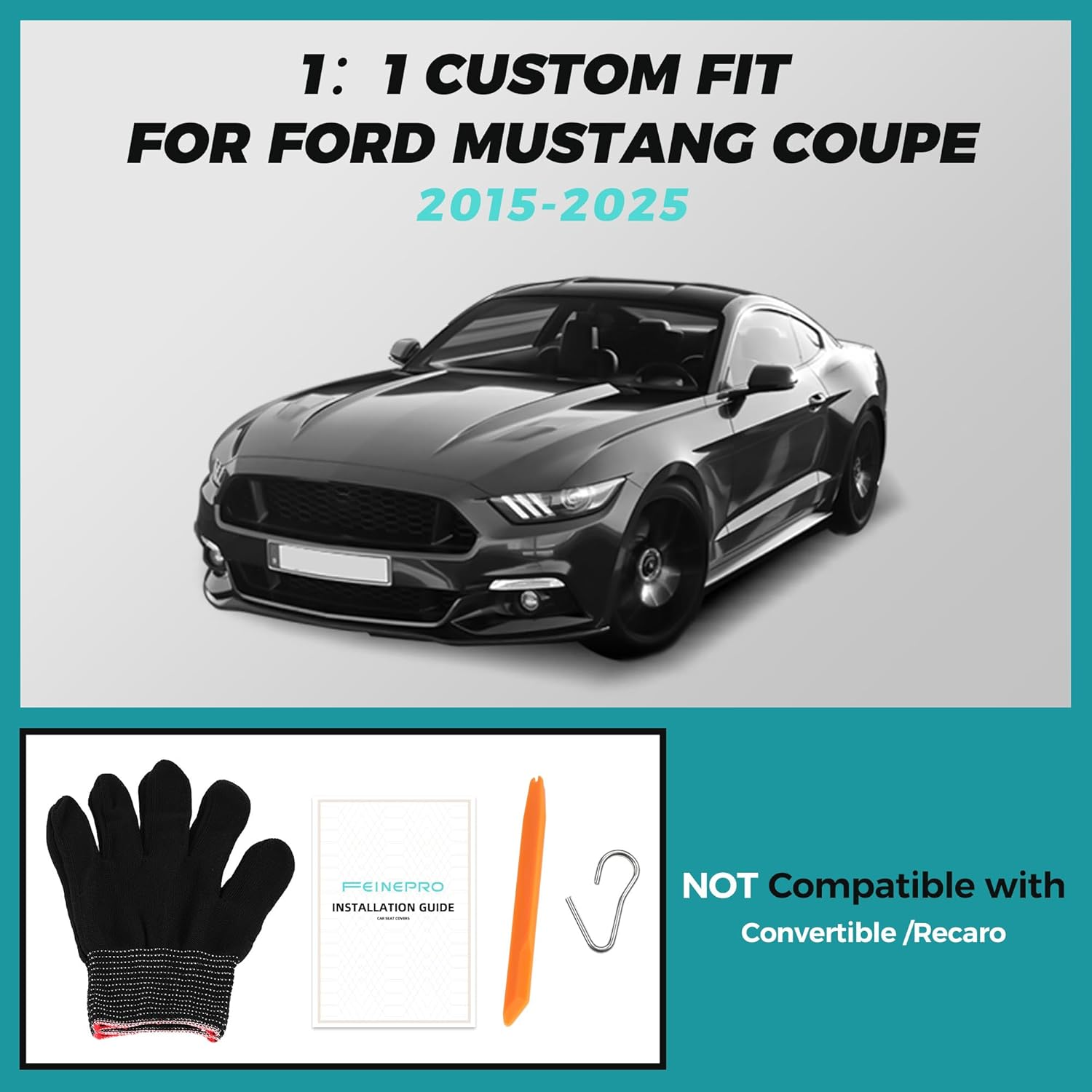 FEINEPRO Custom Fit Car Seat Covers for Ford Mustang Fastback/Mach 1/ Coupe (Not for Recaro) 2015 2016 2017 2018 2019 2020 2021 2022 2023, Waterproof Faux Leather Seat Covers Black image number 2