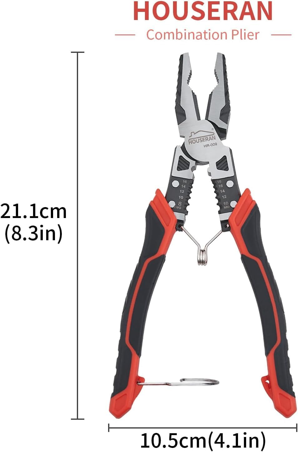 HOUSERAN Linemans Pliers, Combination Pliers with Wire Stripper and Crimper, 8.3 Inch Lineman Plier, Spring Loaded with Safety Lock, 5-In-1 Linesman Pliers for Cutting, Crimping, Stripping image number 1