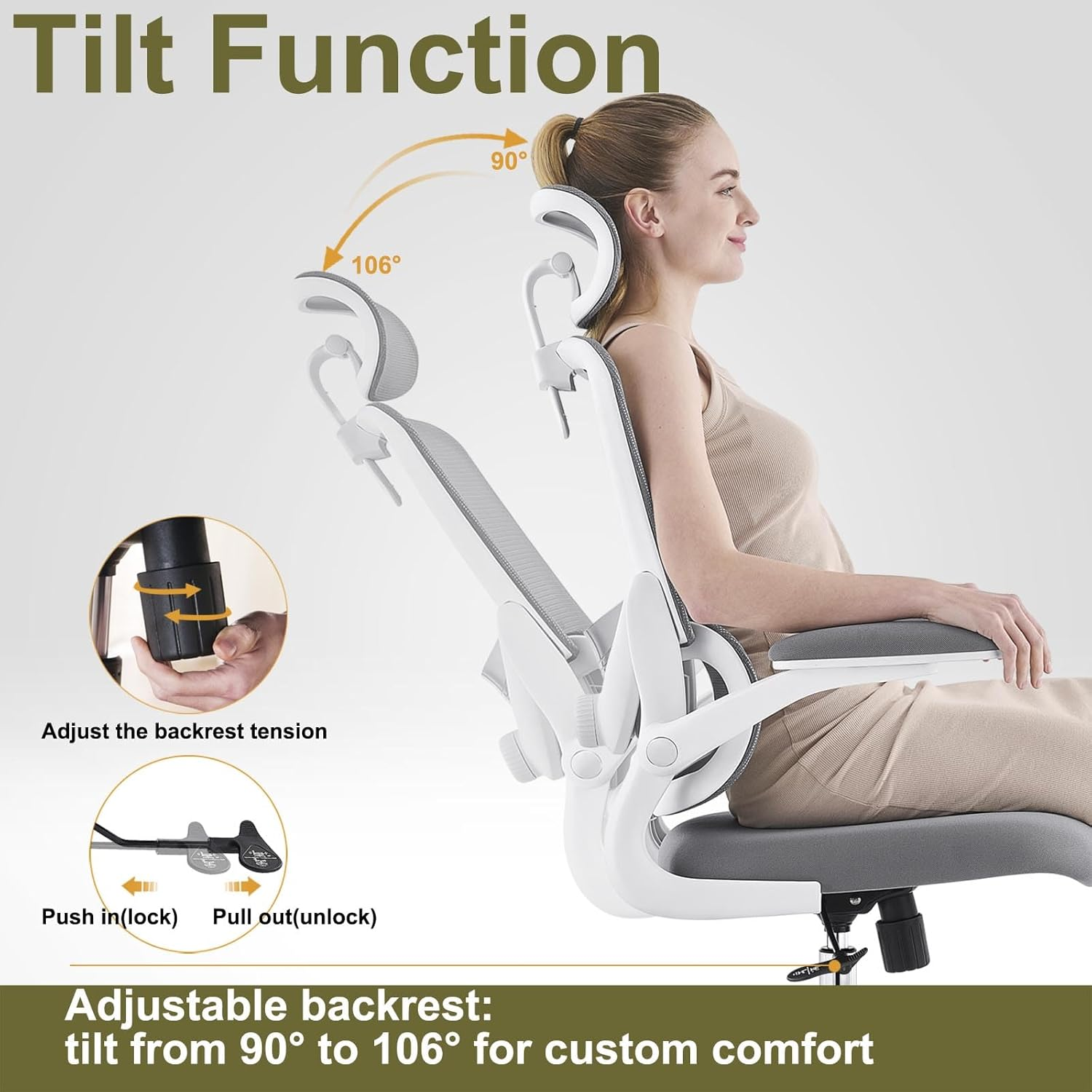 TONFARY Ergonomic Home Office Chair, High Back Mesh Desk Chair with Adjustable Lumbar Support, Flip-Up Armrest, Removable Headrest, Swivel Computer Gaming Chair, Space Saving, 150KG (White+Grey) - Black image number 6