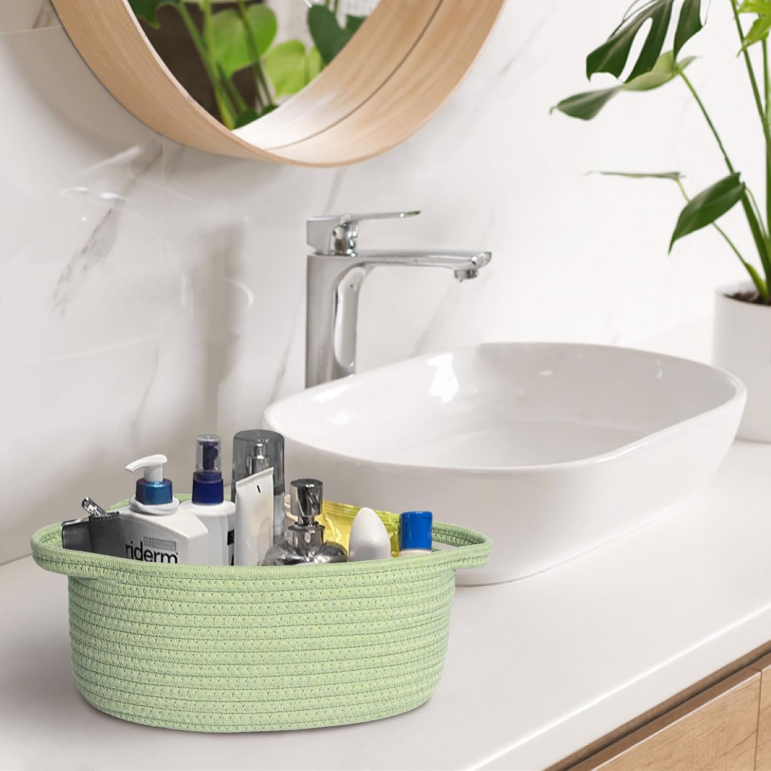 Small Woven Gift Basket, Baskets for Gifts Empty, Cotton Rope Cat Dog Toy Bin Box, Nursery Baby Basket, Wicker Basket with Handles, Shelf Storage Basket for Home Decor, Green, 12"X 8"X 5"