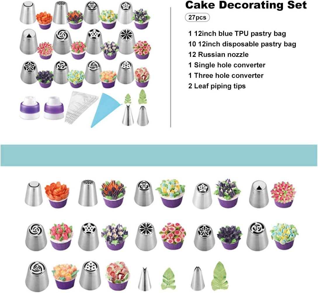 27-Pcs Russian Piping Tips Cake Decorating Supplies DIY Baking Supplies Set for Cupcake Cookies Birthday Party-12 Russian Nozzle 2 Leaf Piping Tips 2 Coverter 1 Pastry image number 4