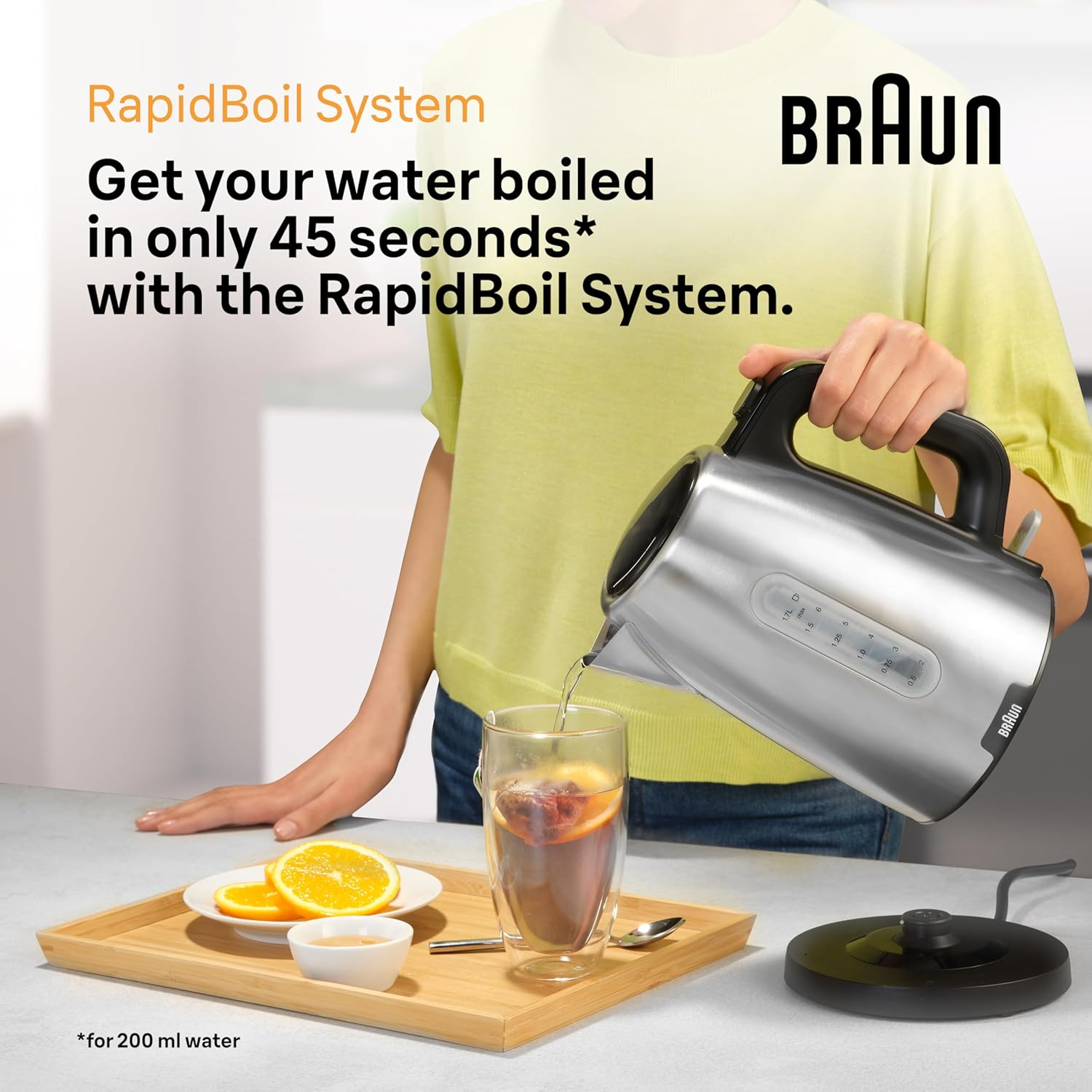 Braun Household Purshine WK1500BK, Electric Kettle with 360&deg; Rotating Base, Water Level Indicator, Cable Storage, Auto Shut-Off Function, 1.7L Capacity, 2200W, Black