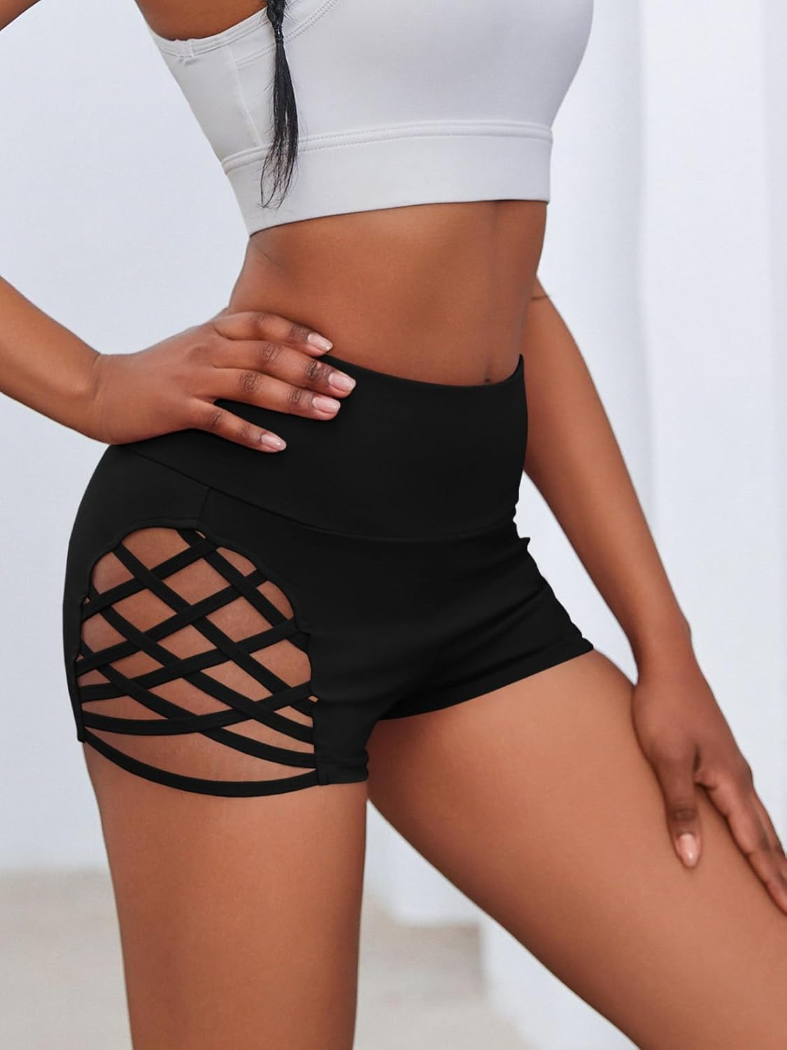 Fisoew Women'S Workout Yoga Shorts High Waist Tummy Control Criss Cross Athletic Sports Booty Short Leggings image number 7
