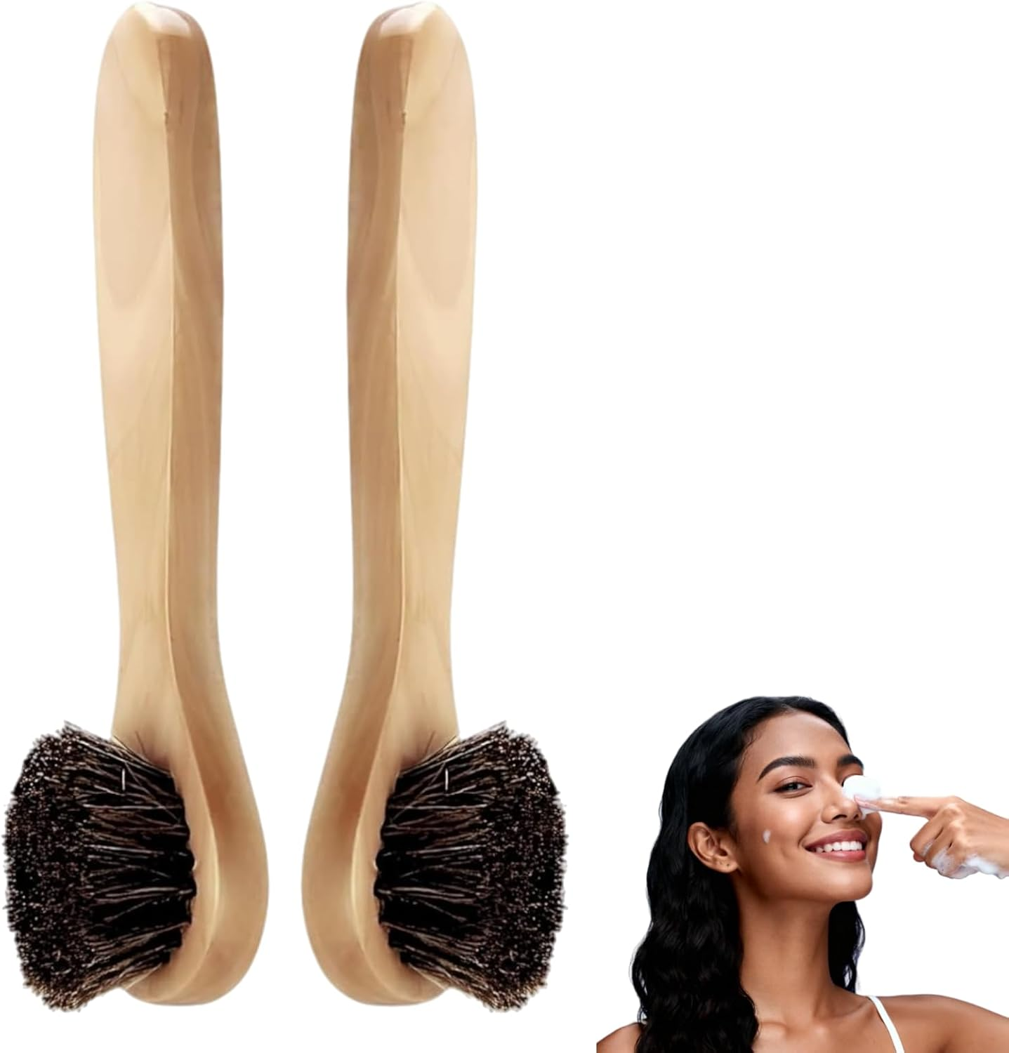 Abeillo 2 PCS Wood Handle Facia Cleansing Brush with Soft Horsehair Natural Bristles, Gentle Exfoliating Scrub Brush for Exfoliating,Massaging,Removing Blackhead,Daily Deep Cleaning for Men and Women image number 2