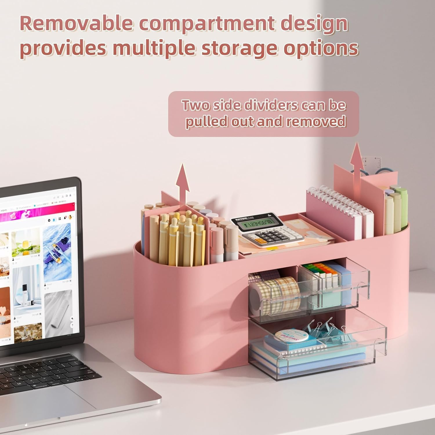 AUMA Desk Organizer Pen Holder for Desk with 3 Drawers, Multi-Functional Pencil Holder, Desk Organizers and Accessories with 7 Compartments + Drawer for Home, School, Classroom(Pink) image number 3