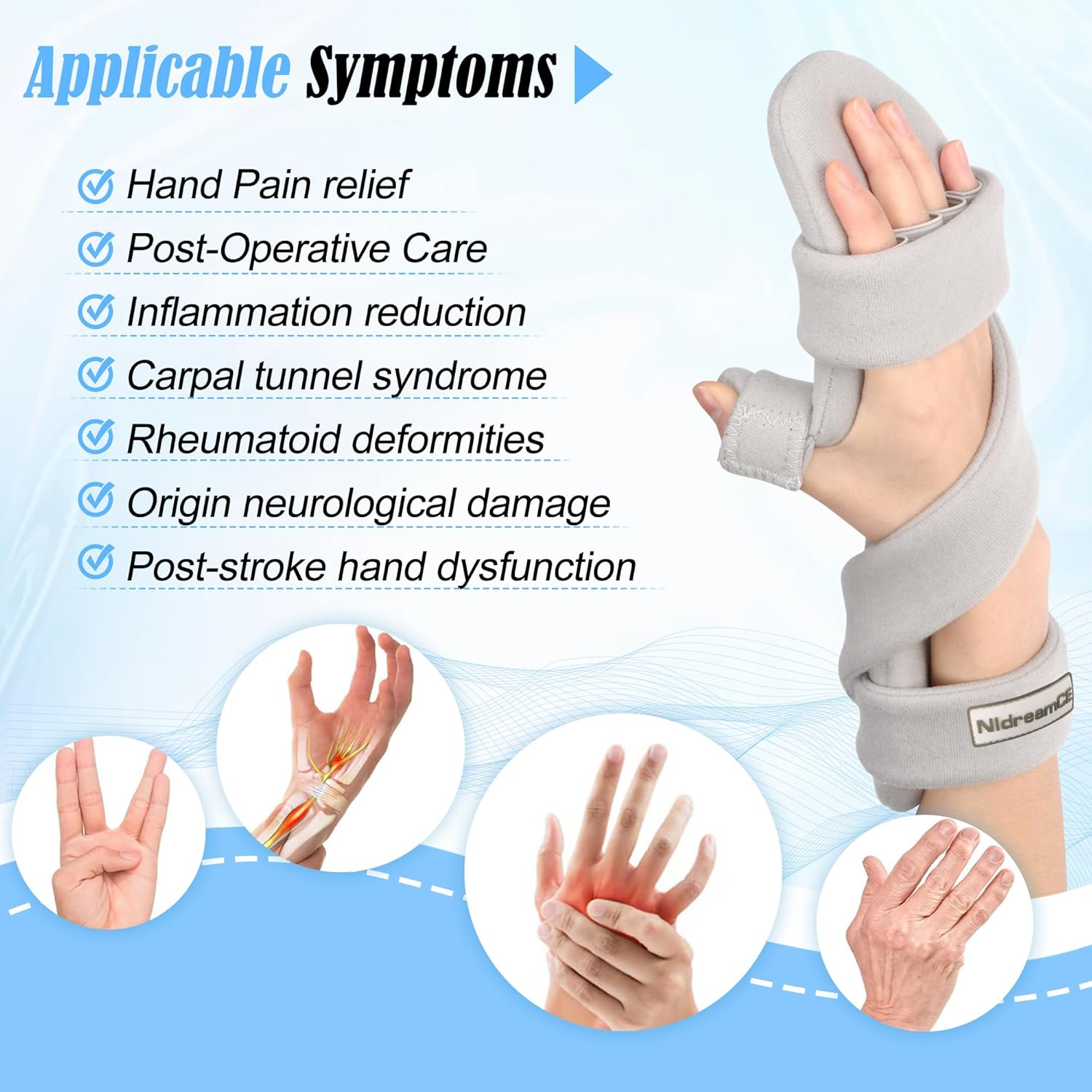 Resting Hand Splints for Straightening Fingers,Carpal Tunnel Wrist Brace Night Immobilizer with Finger Separators for Stroke Rehabilitation,Muscle Atrophy, Dupuytren'S Contractures（Right） image number 5