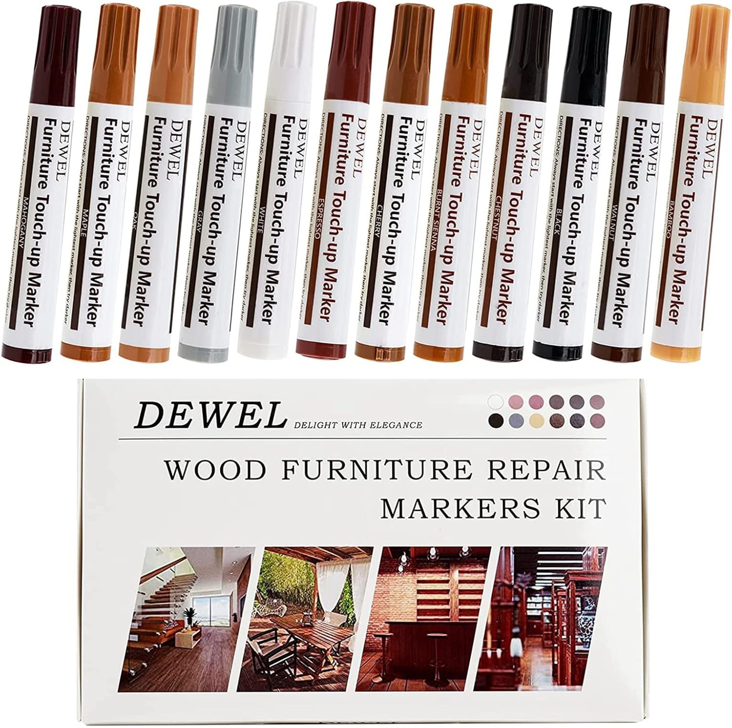 DEWEL Furniture Markers Touch up - 18 Color Wood Markers Repair Kit with Wood Polish Wax, Upgrade Floor Repair Kit, Pens for Scratches, Table, Cabinet, Bedpost