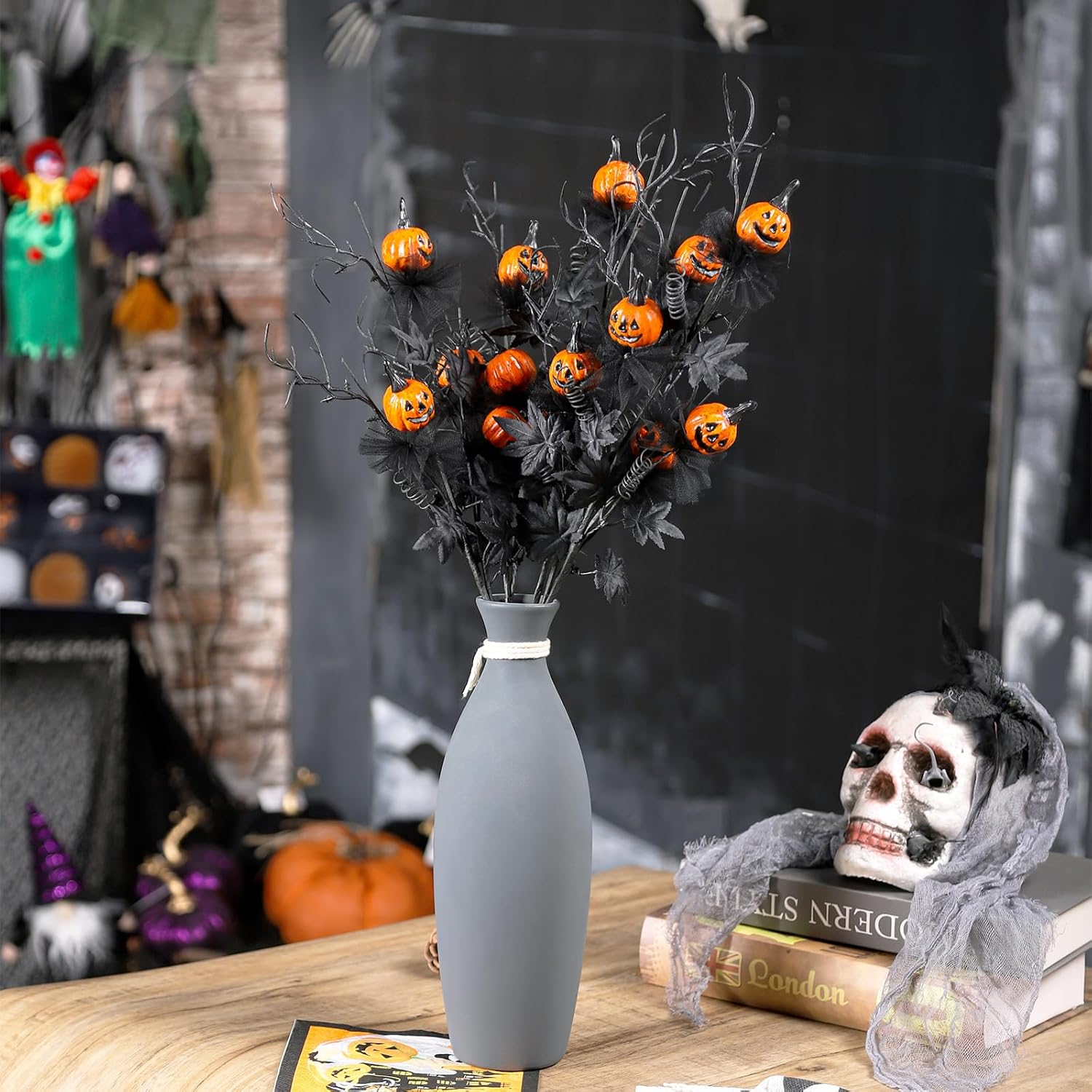 Rosecraft 5PCS Halloween Decorations, 19.5Inch Artificial Pumpkin Maple Leaf Floral Stems Halloween Branches Decoration, for Home Indoor Party Vase Arrangement Decor（Black/Orange）. image number 6