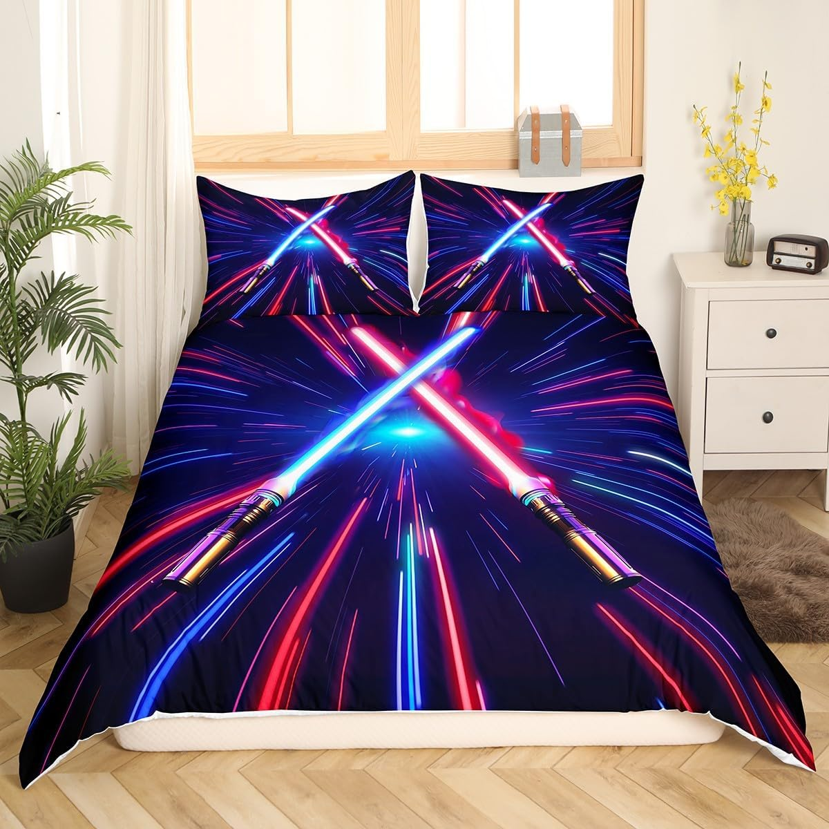 Lightsaber Duvet Cover Set Queen Size,Geometric Lines Gradient Bedding Set 3Pcs for Kids Teens Boys Room Decor, Future Technology Metaverse Comforter Cover Red Blue Quilt Cover with 2 Pillowcases image number 1