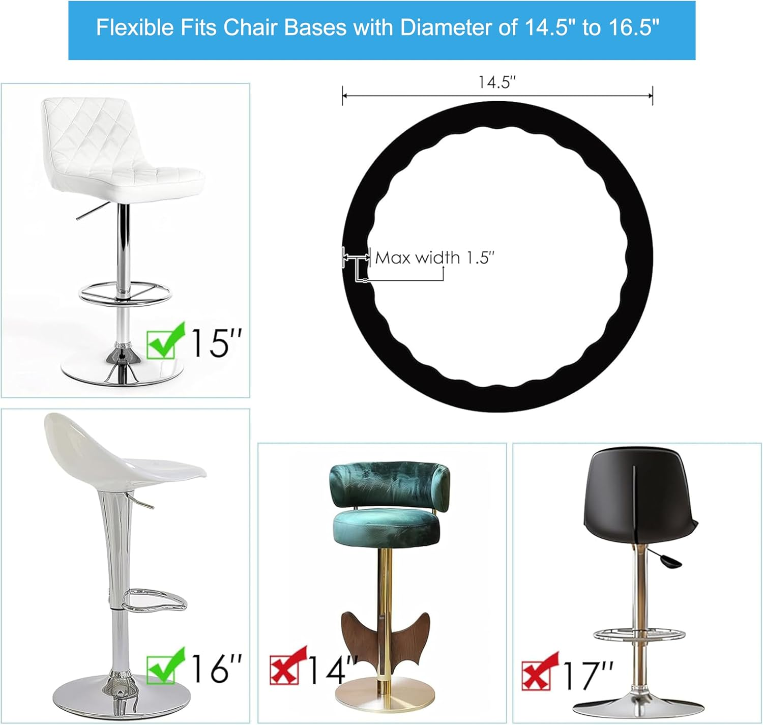 2 Pack Bar Stools Leg Protectors Ring,Chair Footrest Bottom Pads for Wooden Floor,Non Slip Silicone Chair Leg Floor Protector,No Scratches No Noise,Stretchable Fits 14.5" to 16.5" Chair Base(Black) image number 4