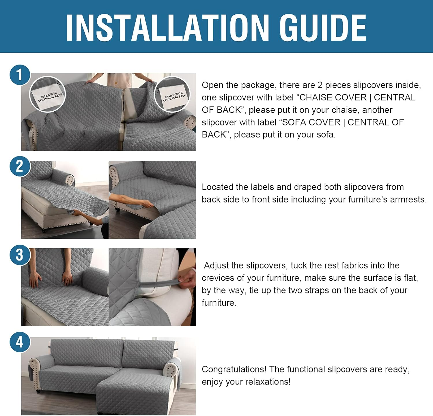 Smarcute L Shape Couch Cover for Sectional Sofa Chaise Lounge Sofa Cover Reversible Sofa Slipcover Non-Slip Water Resistant Furniture Protector for Dog (Large, Grey) image number 2