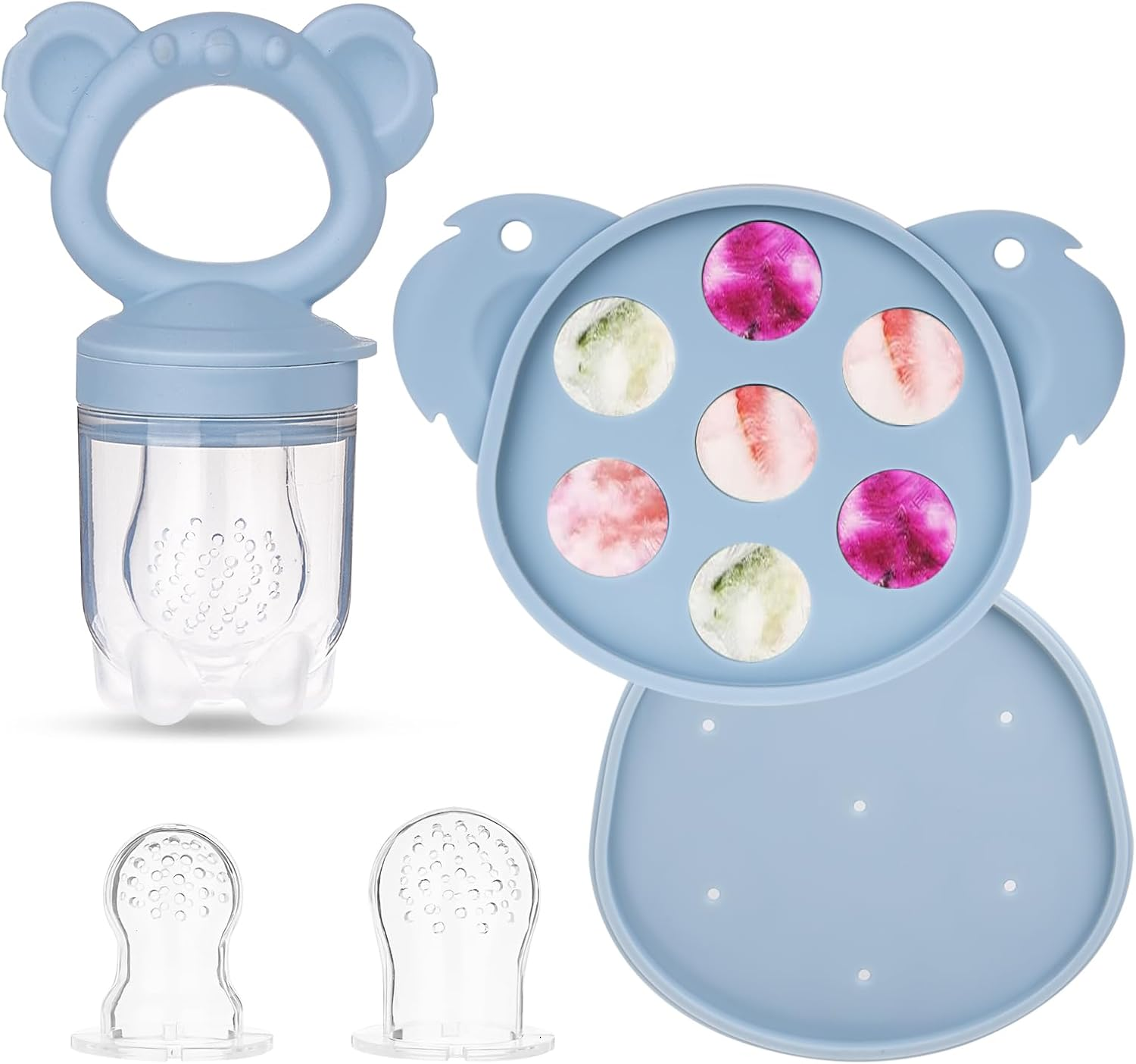Silicone Baby Fruit Food Feeder & Freezer Nibbletray Set &ndash; Breastmilk Popsicle Molds for Baby Teething Relief, Fresh Food Feeder for Safe Infant Self Feeding BPA Free