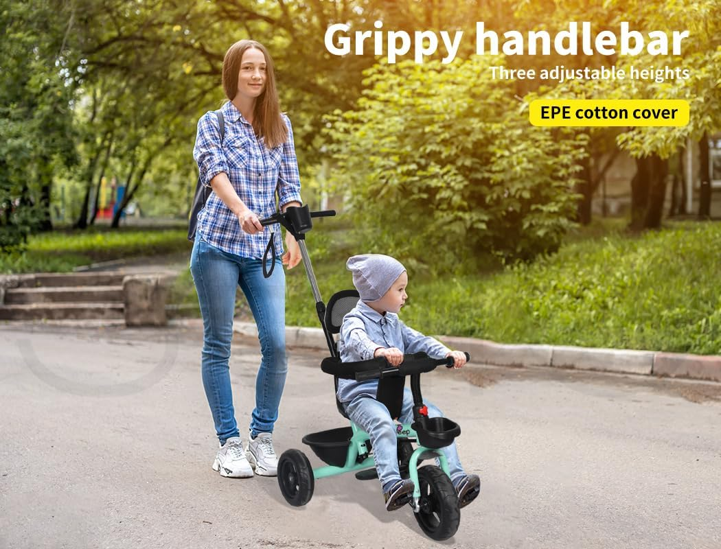 Bopeep Kids Tricycle Ride on Toy Trike Toddler Balance Bike Car Prams Stroller Walker Children Gift Adjustable Handlebar (Green) image number 3