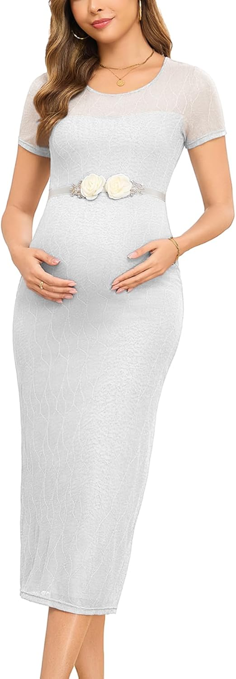 Mesh Maternity Dress Bodycon Ruched Side Midi Pregnancy Dresses Baby Shower Wedding Guest Photoshoot without Belt image number 6
