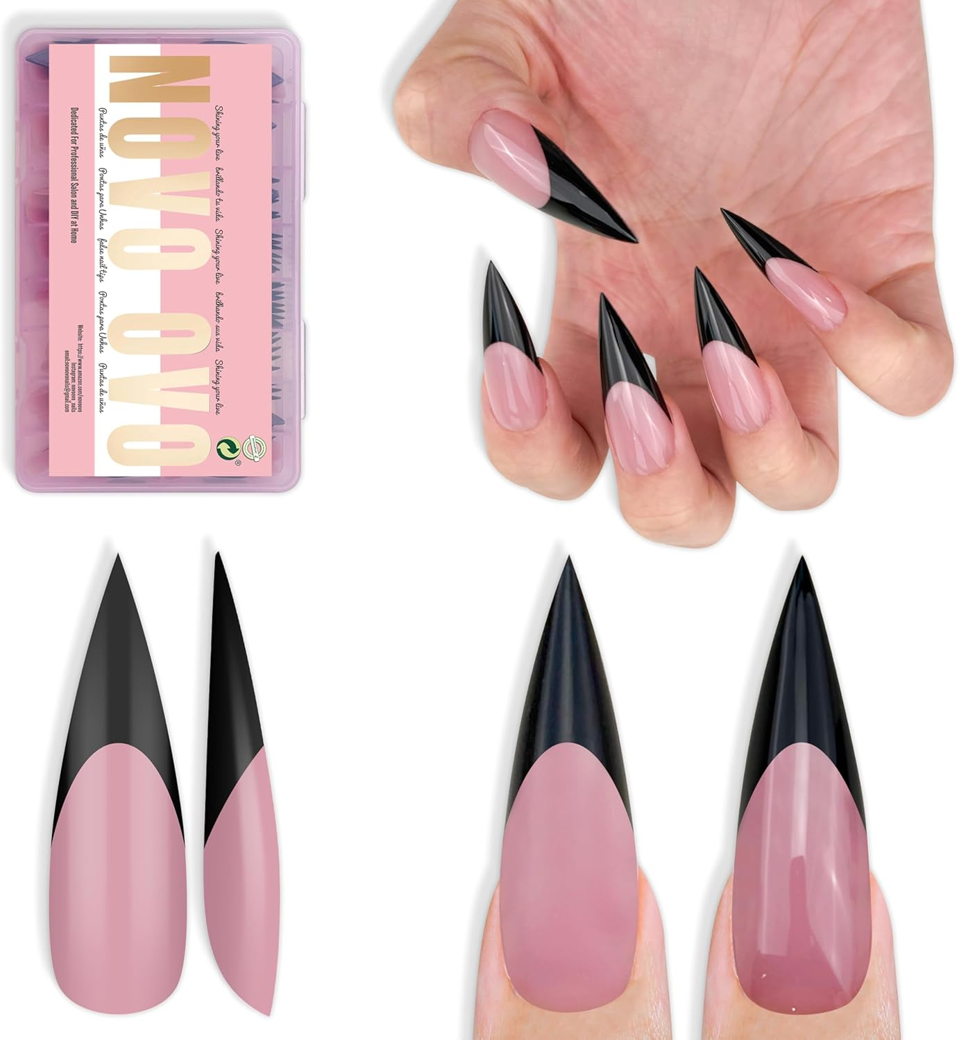 NOVO OVO Black French Tips Sharp Stiletto Pointed Medium Long Nail Tips Press on Baby Pink, Extra Thick Soft Gel Acrylic Extension, Full Cover False Nails for Salon DIY 16 Sizes, Pack of 160