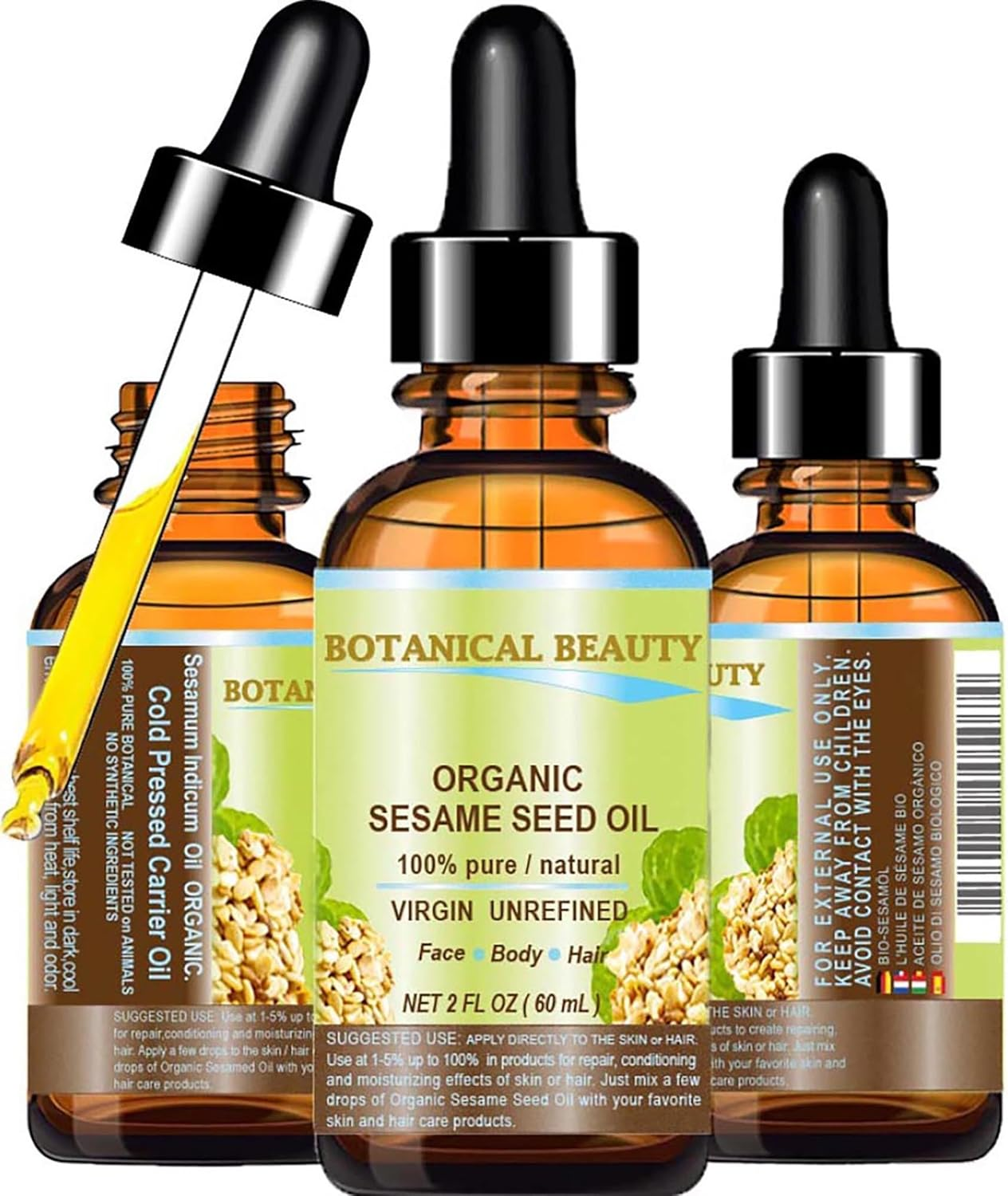 Organic SESAME SEED OIL 100% Pure Natural Virgin Unrefined Undiluted Cold Pressed Carrier Oil for Face, Skin, Body, Hair, Massage, Nails. 2 Fl. Oz - 60 Ml by Botanical Beauty image number 1