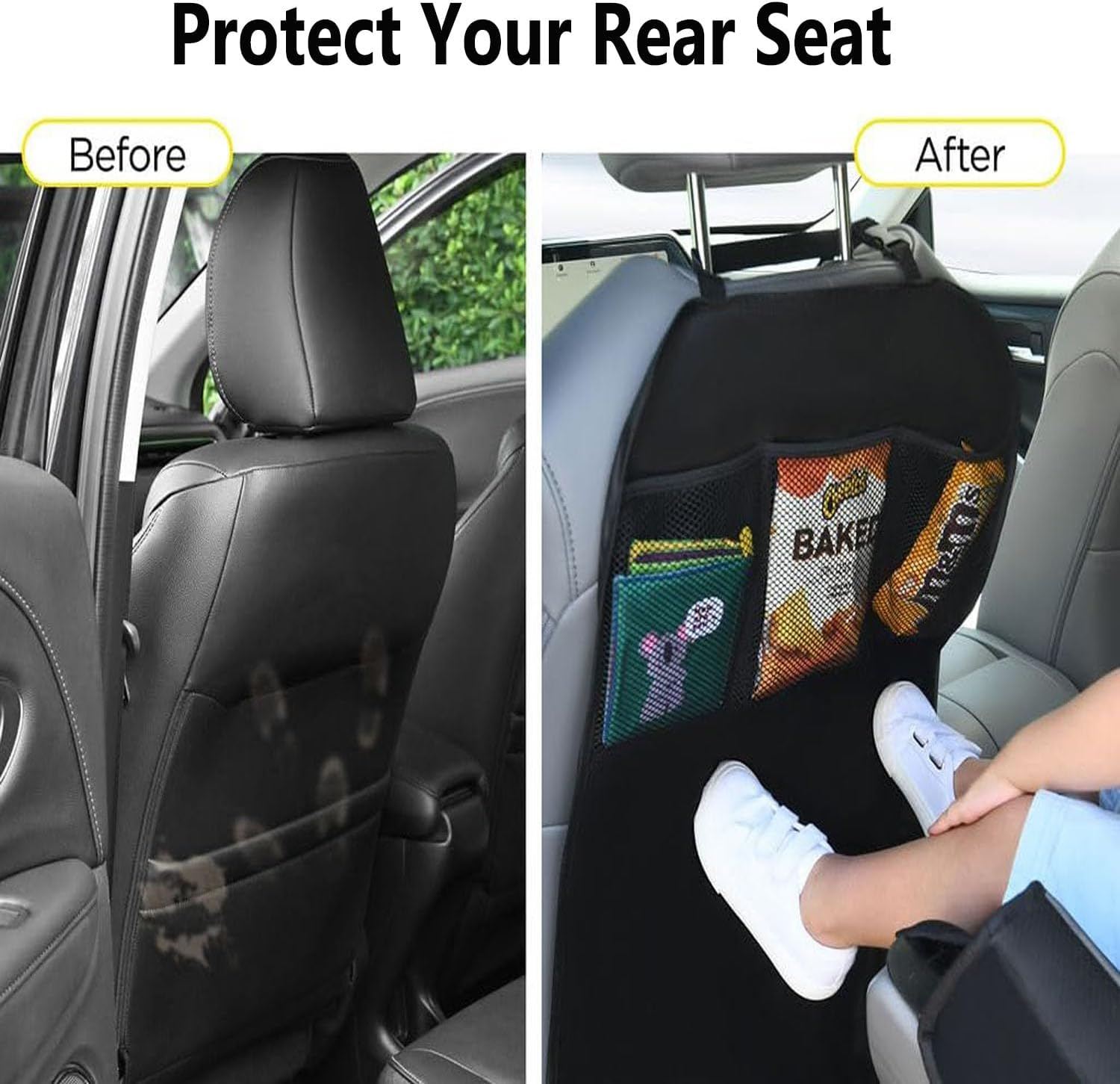 2 Pack Kick Mat Seat Protector,Back Car Seat Organiser X-Large 70 X 50Cm,Car Storage Organizer Backseat Protectors,3 Pocket Seat Back Kick Mats Cover for Car, SUV, Minivan or Truck Seats