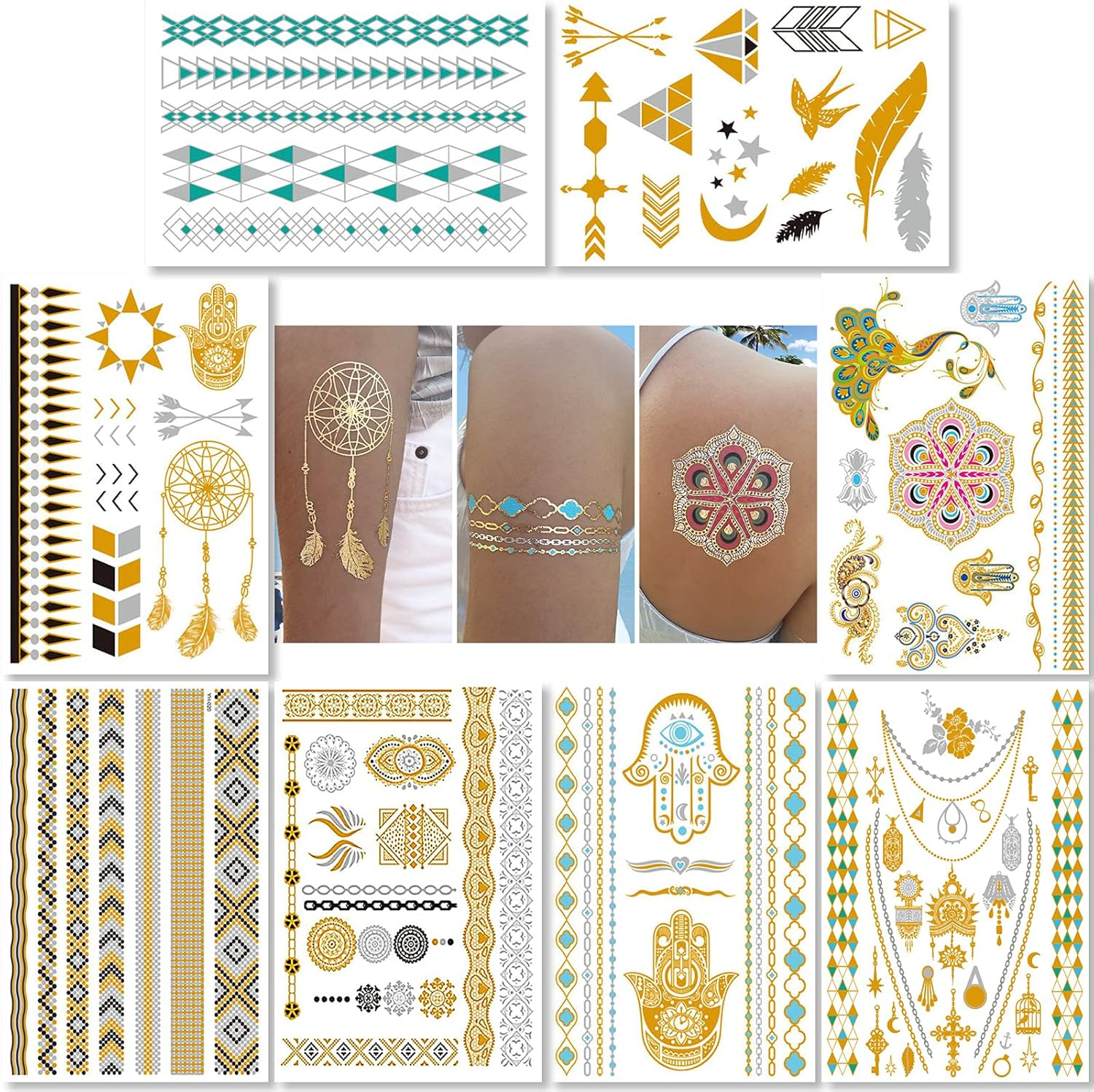 Metallic Temporary Tattoos for Women Teens Girls - 8 Sheets Gold Silver Temporary Tats Glitter Shimmer Designs Jewelry Tattoos - 100+ Color Flash Fake Waterproof Tattoo Stickers (Caicos) image number 1