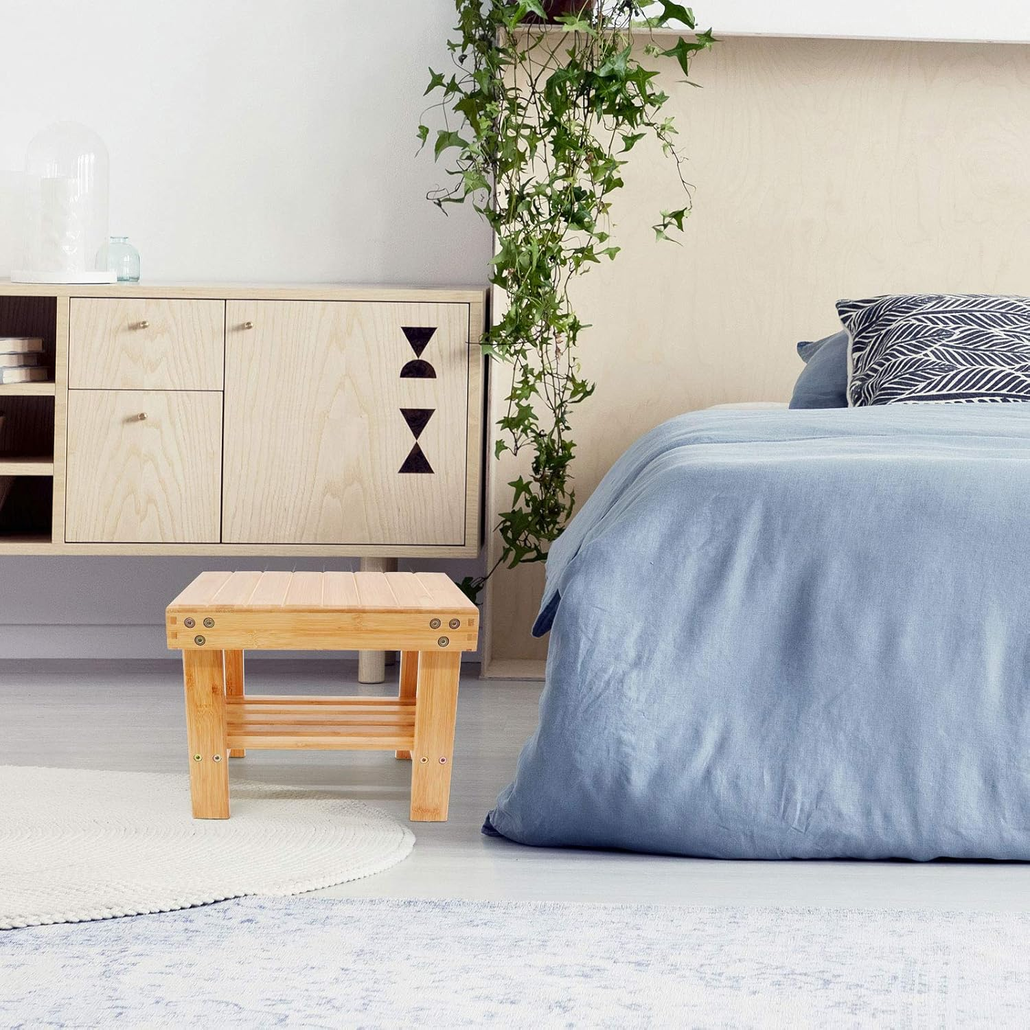 Utoplike Step Stool, Bamboo Small Stool, Bedside Stepstools for High Beds, Foot Rest Stool with Storage Shelf for Bedroom, Shower, Non-Slip Light Weight image number 5