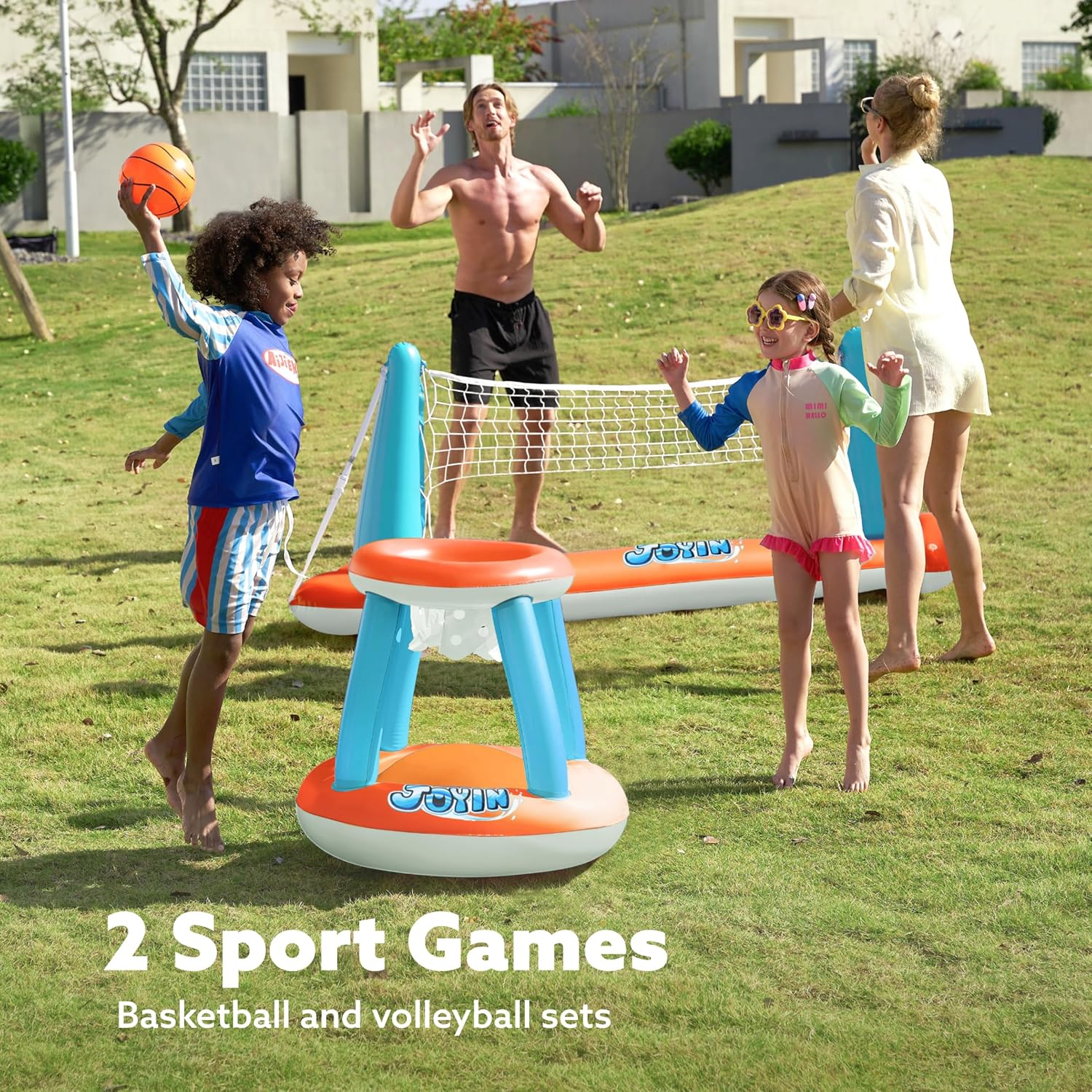 JOYIN Inflatable Pool Float Set Volleyball Net & Basketball Hoops, Floating Swimming Game Toy for Kids and Adults, Summer Floaties, Volleyball Court (105&rdquo;X28&rdquo;X35&rdquo;)|Basketball (27&rdquo;X23&rdquo;X27&rdquo;),L-Orange