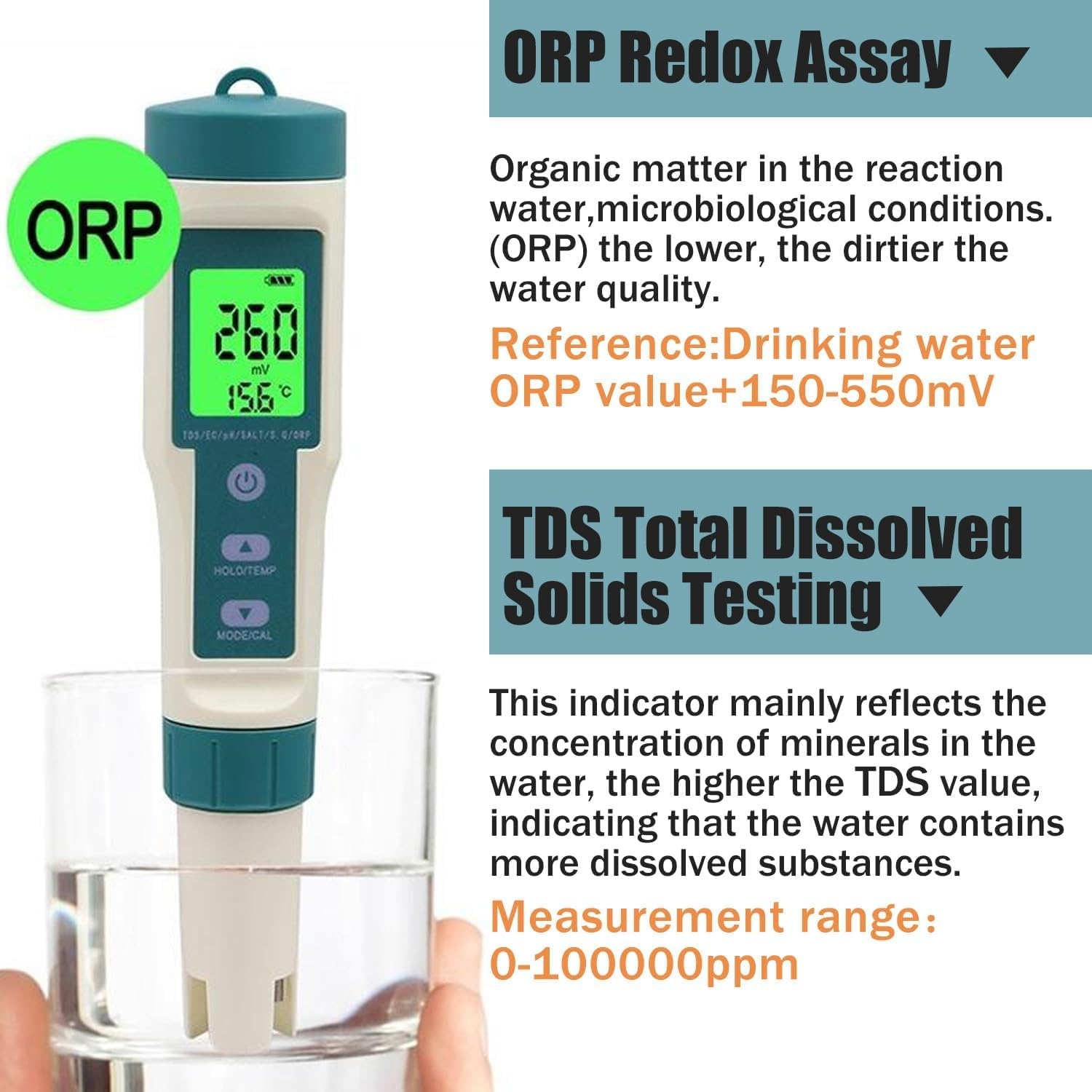 B-Qtech Digital Water Quality Tester 8 in 1, PH/TDS/EC/ORP/S.G/H2/SALT/TEMP Tester, Portable Water Tester for Drinking Water/Swimming Pool/Spa/Laboratory/Aquaria image number 2