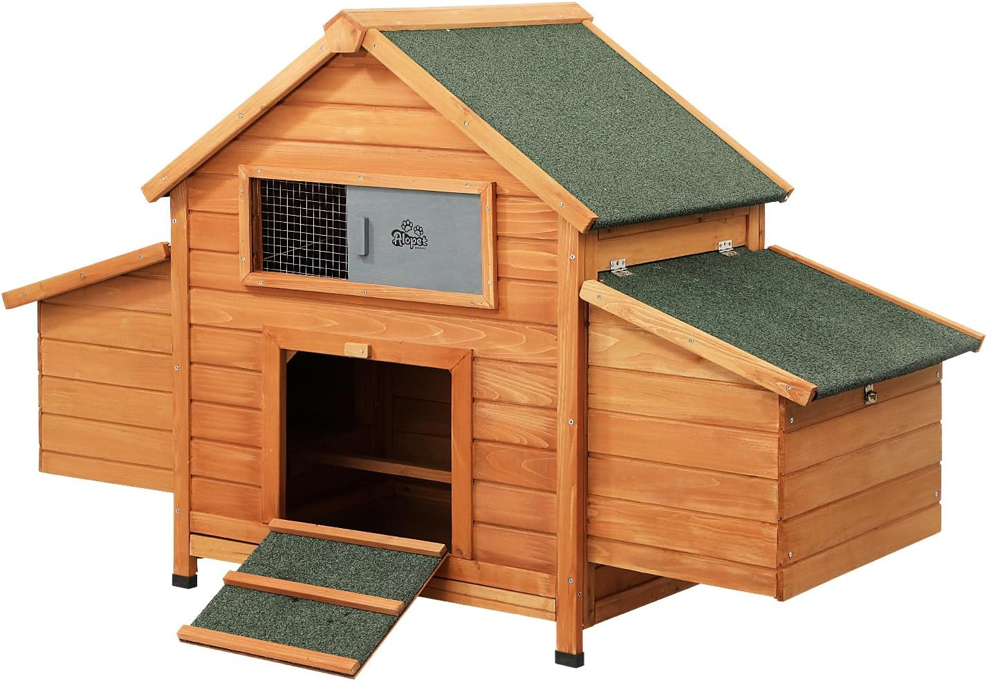 ALOPET Wooden Chicken Coop Rabbit Hutch, Large Pet House Run Cage W/Front Door, Sliding Window, Openable Asphalt Roof Outdoor Pet Hutch for Bunny Guinea Pig Small Animals, 150X68X96Cm, Brown & Green