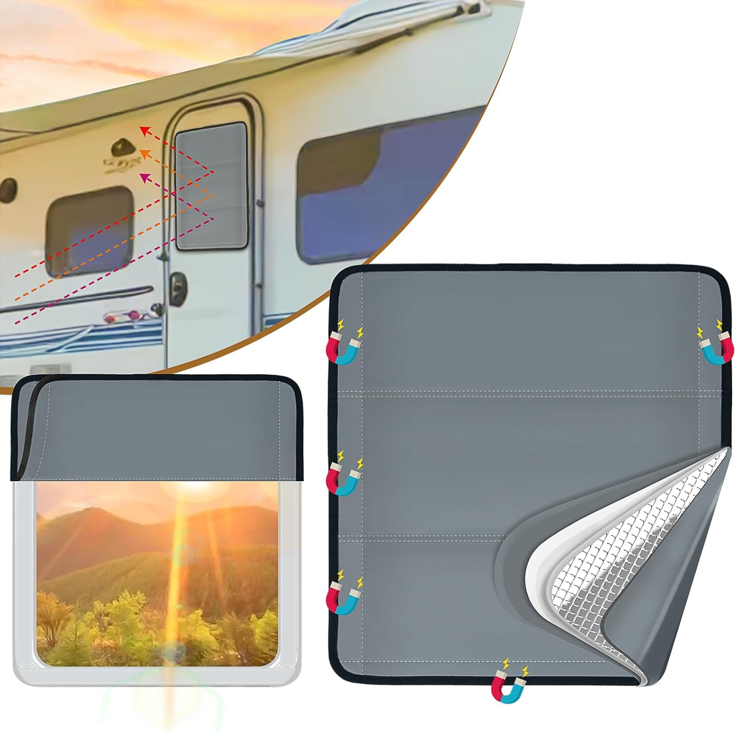 SUNICO 25" X 16" RV Door Window Shade Cover, Magnetic 100% Blackout Foldable RV Window Shades for Campers with Anti-Uv Aluminum Foil Reflective & Cotton Insulation & Thicked Waterproof Fabric