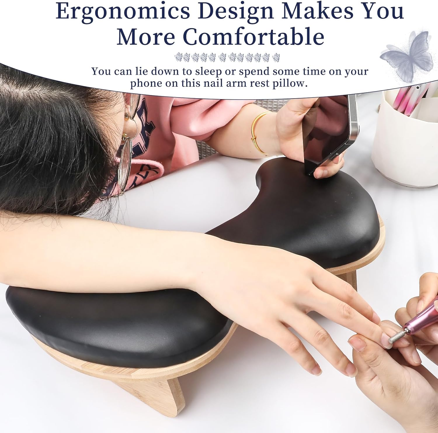 ANGNYA Nail Arm Rest with Detachable Brackets, U-Shaped Arm Rest for Nails Tech Microfiber PU Leather Manicure Hand Rest Pillow for Nail Tech Must Haves Manicure Tools (Black)