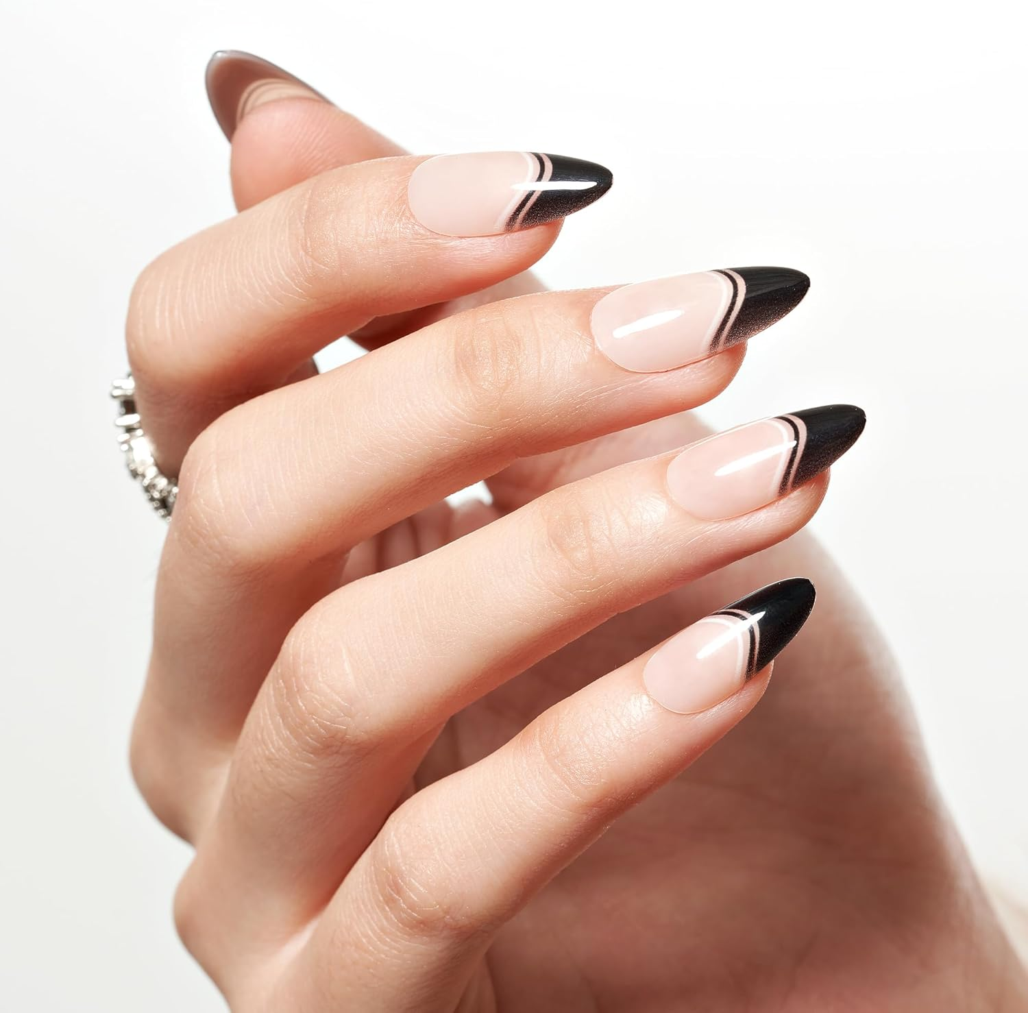 GLAMERMAID Black False Nails - French Tip Almond, 24 Pcs Reusable Stick on Nails Kit for Women Salon - Gradient Pink image number 5