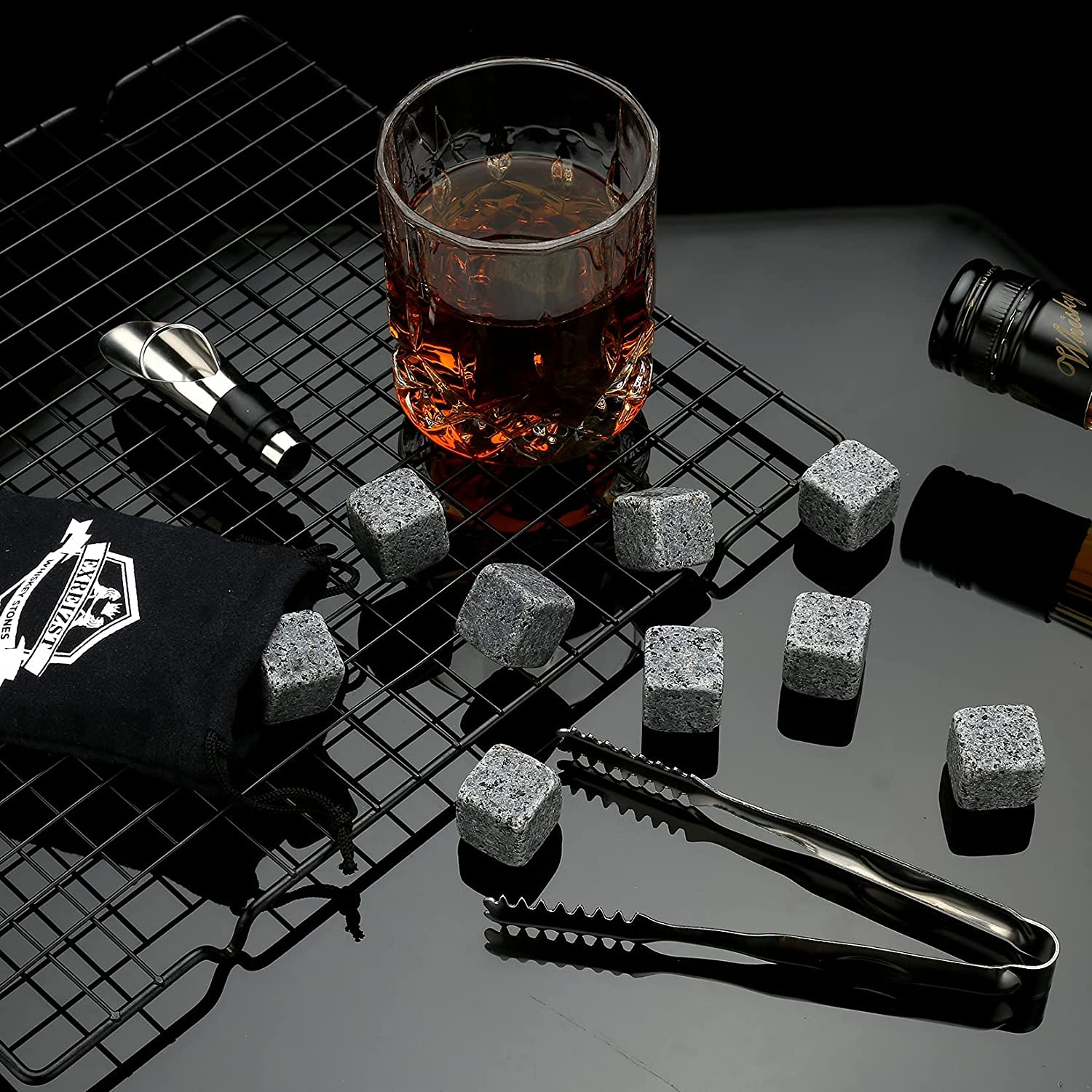 Whiskey Stones Gift Set - 9 Granite Chilling Stones Whisky Rocks - Reusable Ice Cubes with Tongs Stopper - Best Drinking Present for Men Dad Party Birthday Anniversary Retirement Father'S Day (Gray) image number 3