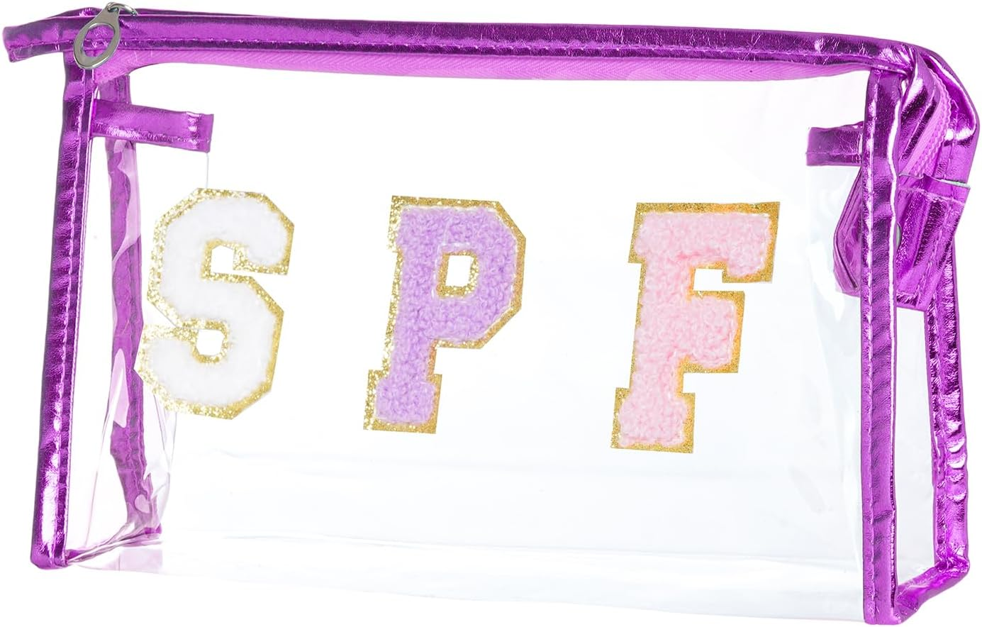 Clear Preppy Patch Makeup Bag, SPF Chenille Letter Bag for Beach, Clear Pouch with Zipper, Preppy Travel Bags Clear Cosmetic Toiletry Bag for Women Girls Teens, Blue SPF Blue