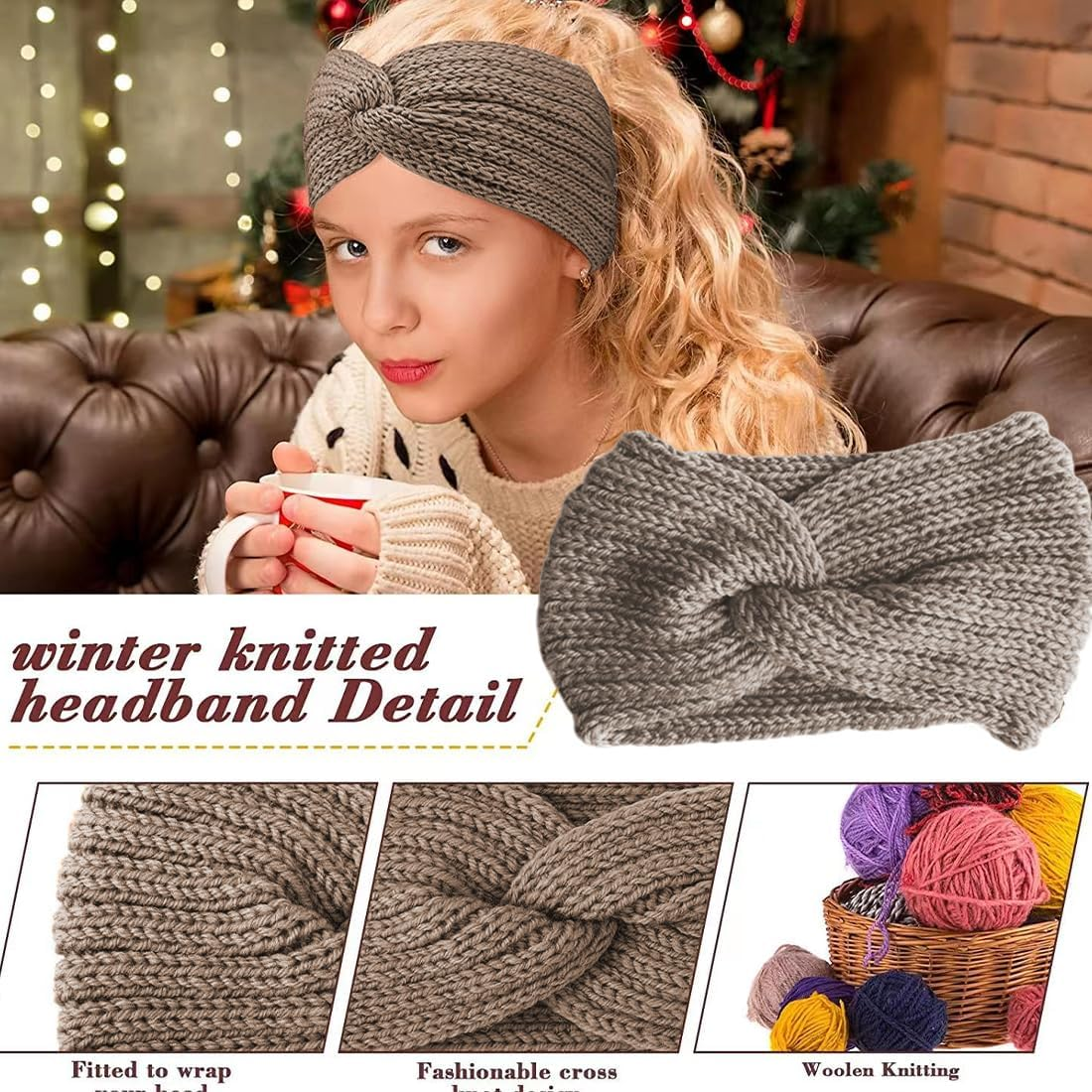 3 Pieces Knitted Headband Winter Women Winter Hair Bands Knitted Hair Bands Winter Crochet Head Wrap Khaki Pink Denim Blue