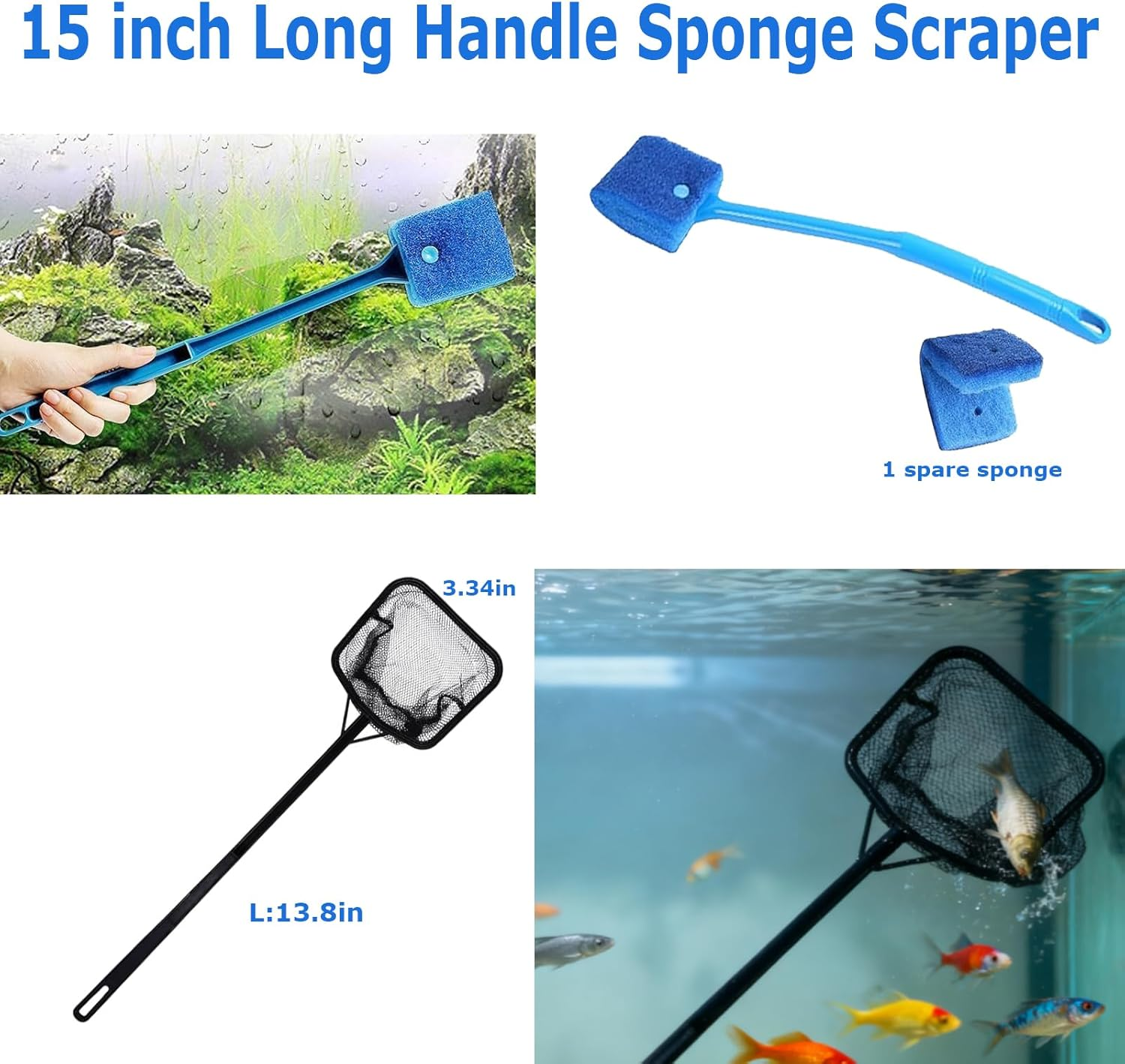 Fish Tank Vacuum Gravel Cleaner,Aquarium Water Changer with Air Push Button,Fish Tank Cleaner Kit with Sponge Brush Algae Scraper,Fish Net Use for Fish Tank Cleaning Gravel and Sand image number 2
