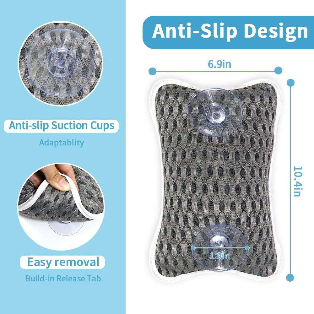Luxury Bath Pillows for Tub, Slip Resistant Waterproof Bath Pillows for Tub Neck and Back Support with 2 Strong Suction Cups, Relaxing Spa Essentials (Dark Grey)