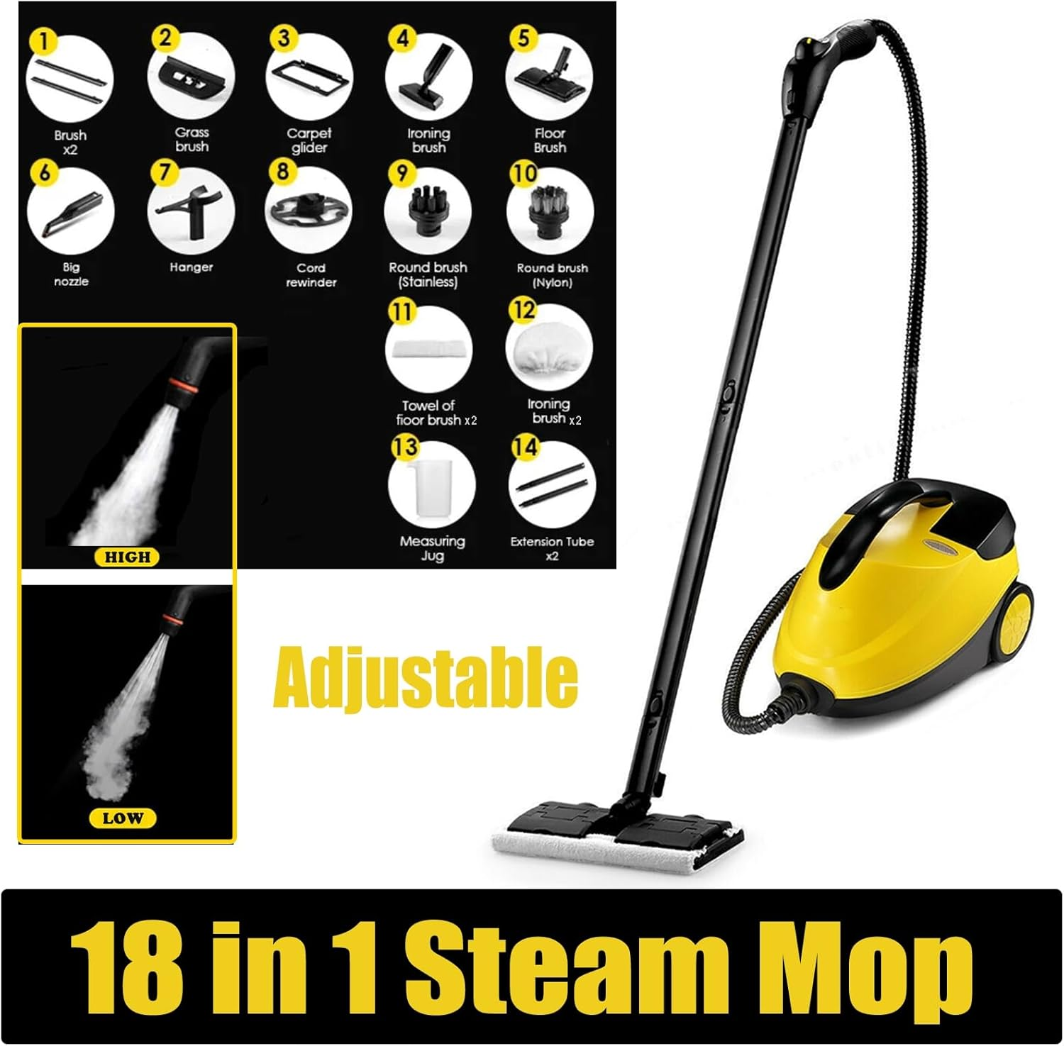 EHOME 1.8L Steam Cleaner Mop 18-In-1 Igh Pressure Carpet Floor Window Steamer Handheld Home Cleaning Yellow image number 3