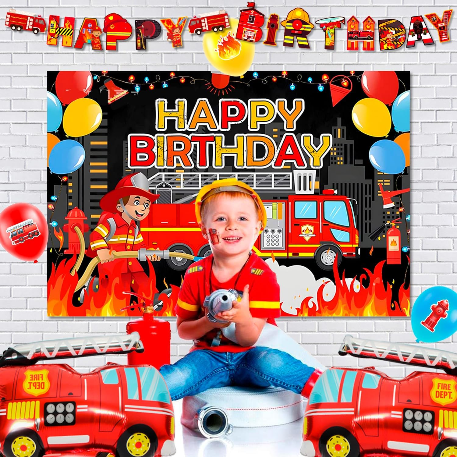 Fire Truck Birthday Party Supplies, Firetruck Birthday Decorations Tableware Set Fire Truck Party Plates Cups Napkins Firefighter Themed Balloon Backdrop Etc Fire Truck Party Supplies image number 3