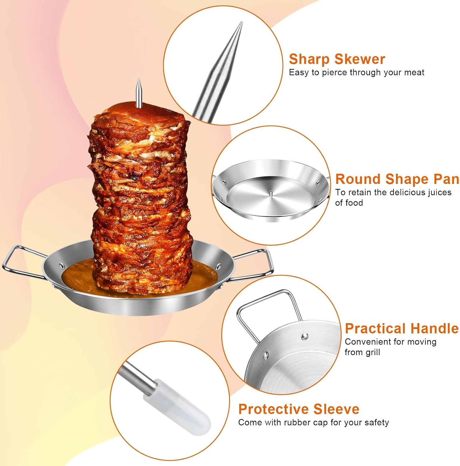 Al Pastor Skewer for Grill, 10 Inch Brazilian Spit Stand with 5 Spikes & 2 Brushes, Stainless Steel Vertical Sticks, Gyro Pan with Fat Separator for Tacos Al Pastor, Shawarma, Chicken on Smoker Oven image number 5