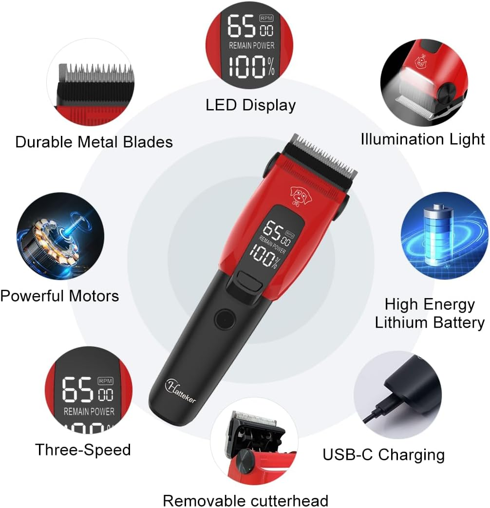 Hatteker Dog Clippers Professional Electric Pet Hair Trimmer with 7500 RPM Clippers Dog Cat Cordless Dog Trimmer Auxiliary Light image number 2
