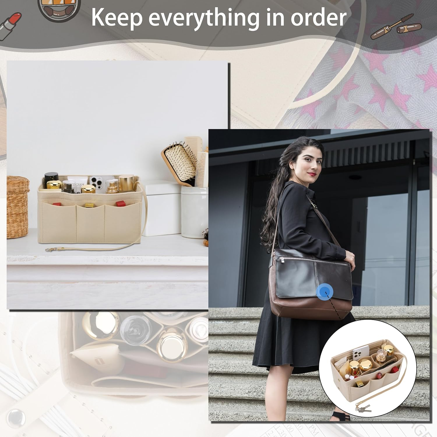 Hejo Handbag Organiser, Felt Bag Organiser, Bag in Bag Organiser, Bag Organiser Shopper, Multi-Pocket Handbag Inner Pocket for Women Girls (Beige, M) - Beige image number 6