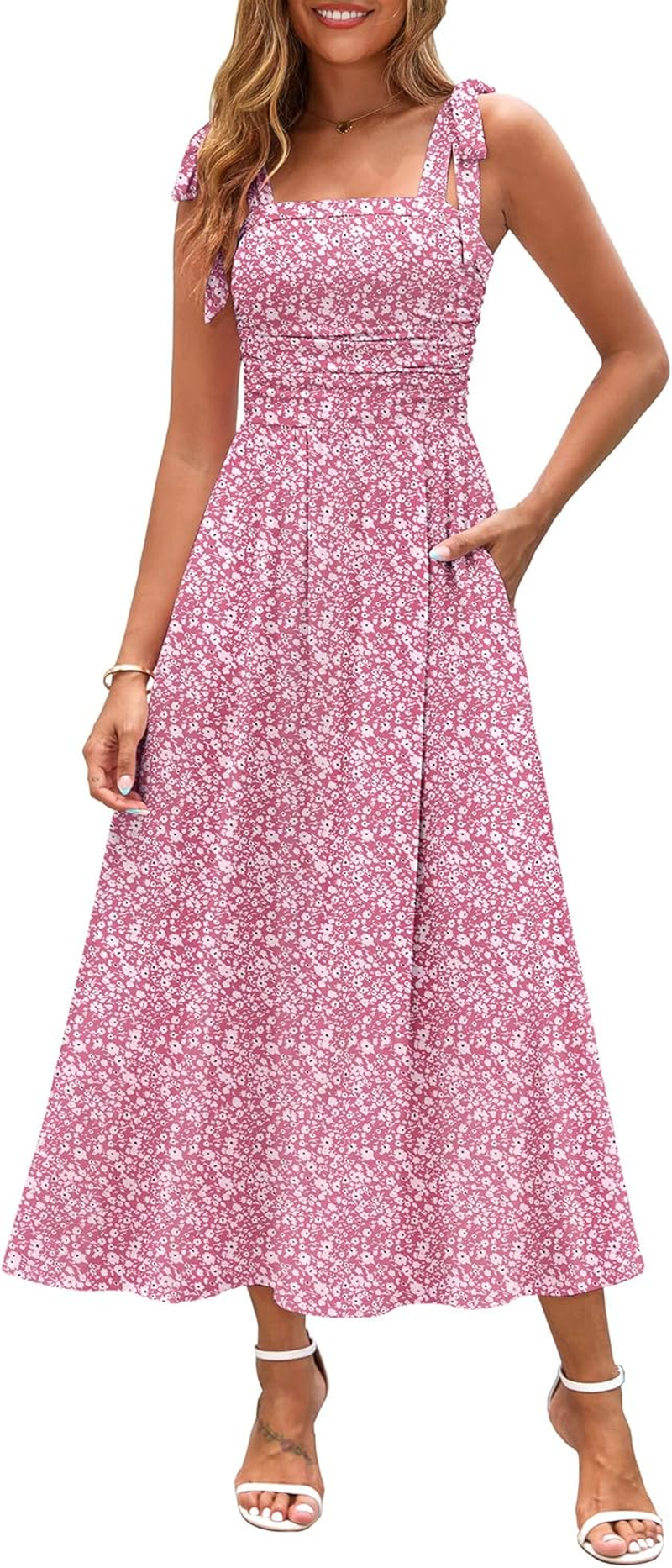Zattcas Womens 2025 Summer Spaghetti Strap Floral Maxi Dress with Pockets Smocked Flowy Long Beach Vacation Sundresses image number 6