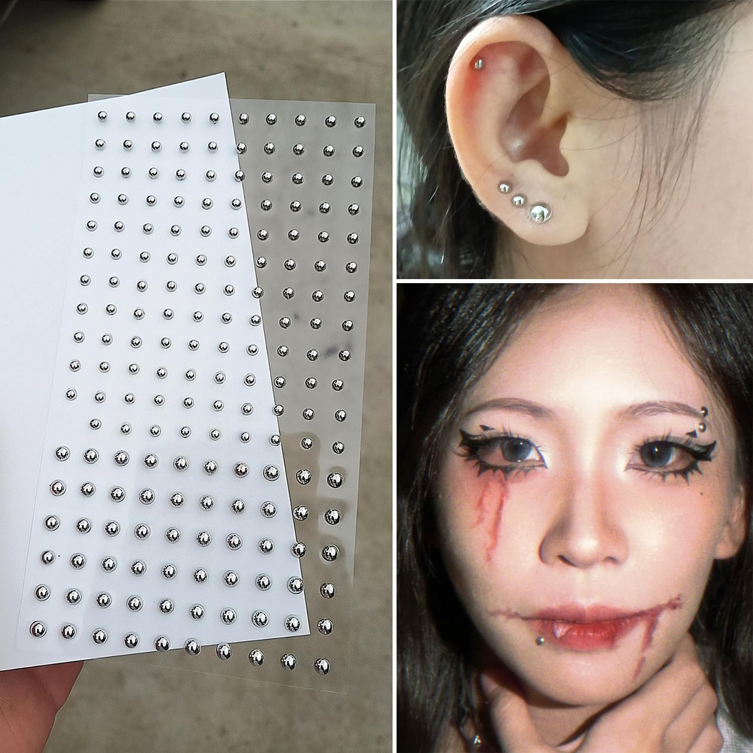 HONGCAUP 2 Sheets Fake Lip Nail Fake Nose Nail Fake Lip Ring Fake Lip Piercing Fake Piercing Ball Fake Belly Button Nail, Self-Adhesive Fake Lip Piercing Gemstone Stickers Silver, Plastic, No Gemstone image number 5