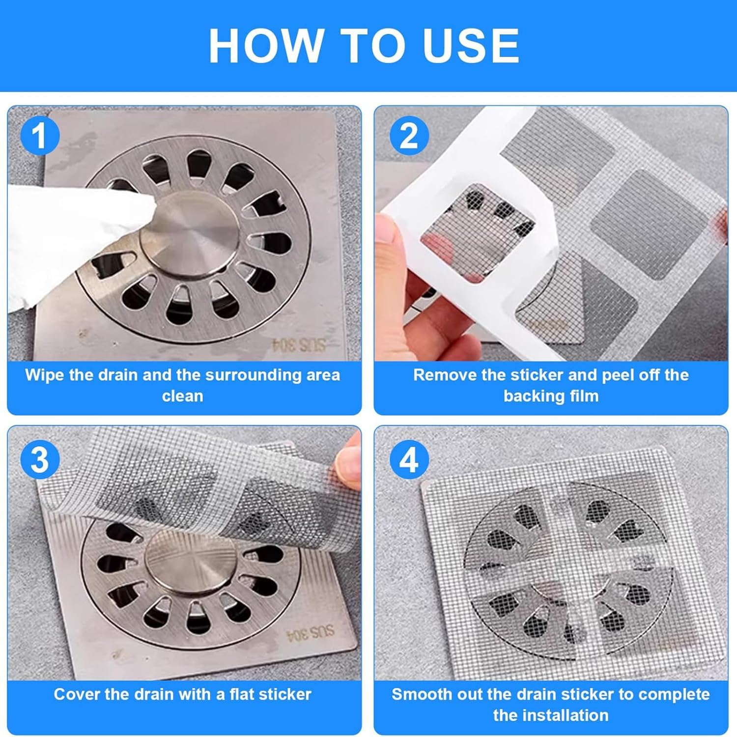 100Pcs Drain Stickers Floor,Shower Drain Hair Catcher,3.94 Inch Square Bath Tub Drain Strainer,For Bathtub Drain Cover for Kitchen Bathroom,Bathtub Drain Hair Catcher with Waterproof Adhesion Square image number 4